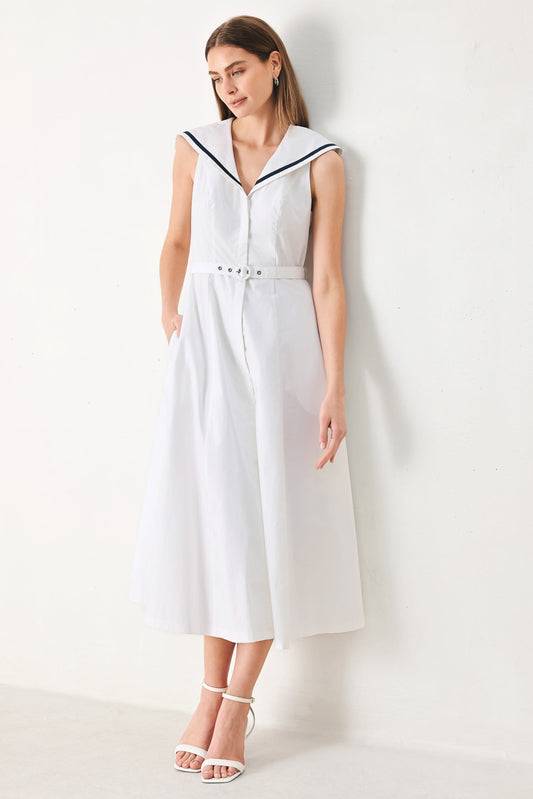 Darling Day Woven Midi Dress in white, view 3 — Soul Flow Apparel