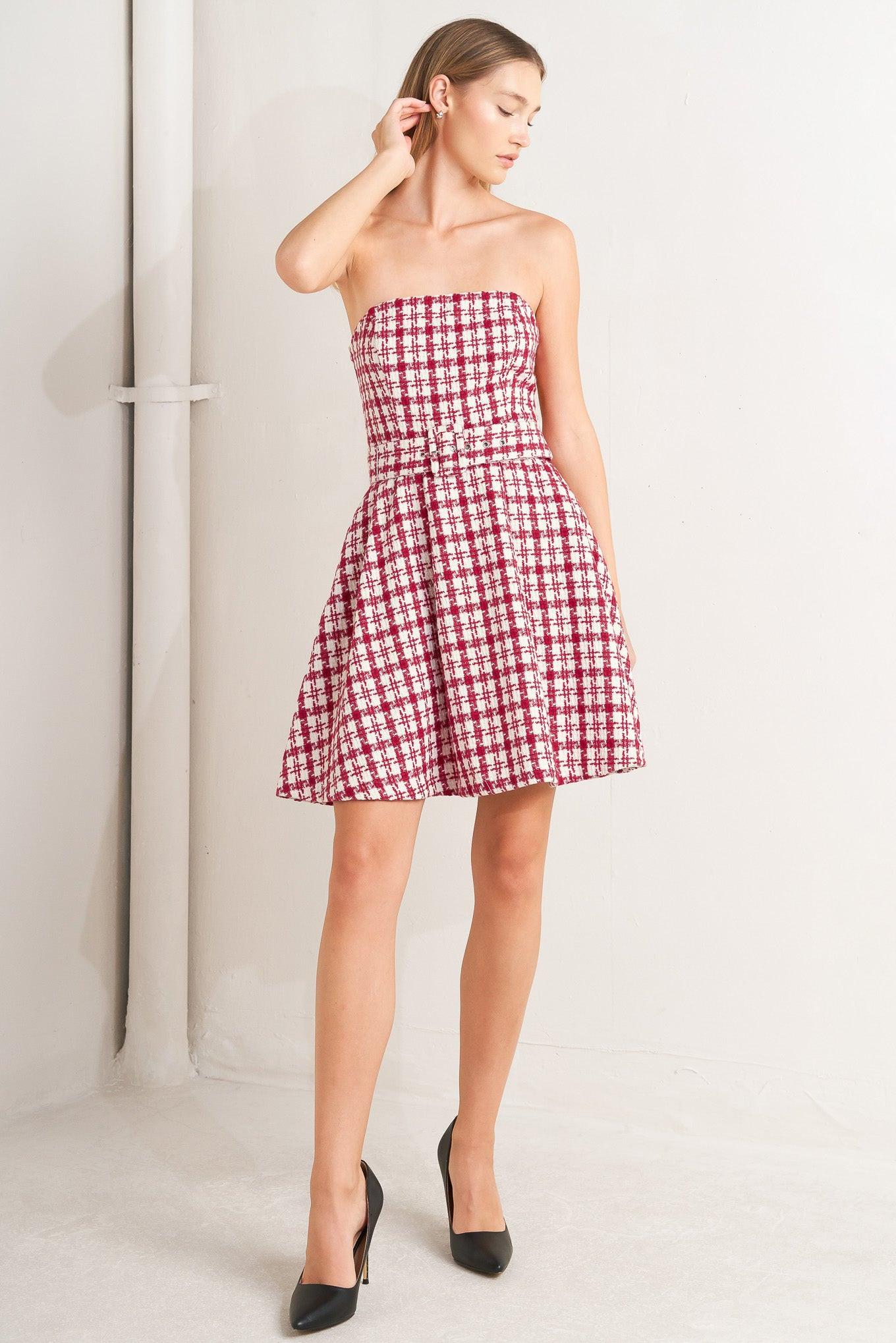Cherry Check Tweed Mini Dress in red, view 1 — Soul Flow Apparel