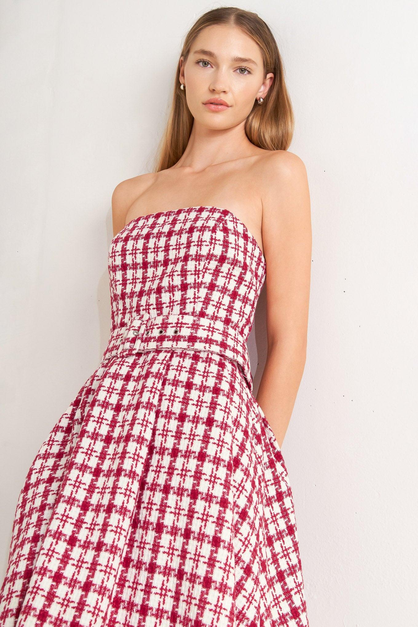 Cherry Check Tweed Mini Dress in red, view 2 — Soul Flow Apparel