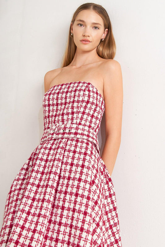 Cherry Check Tweed Mini Dress in red, view 2 — Soul Flow Apparel