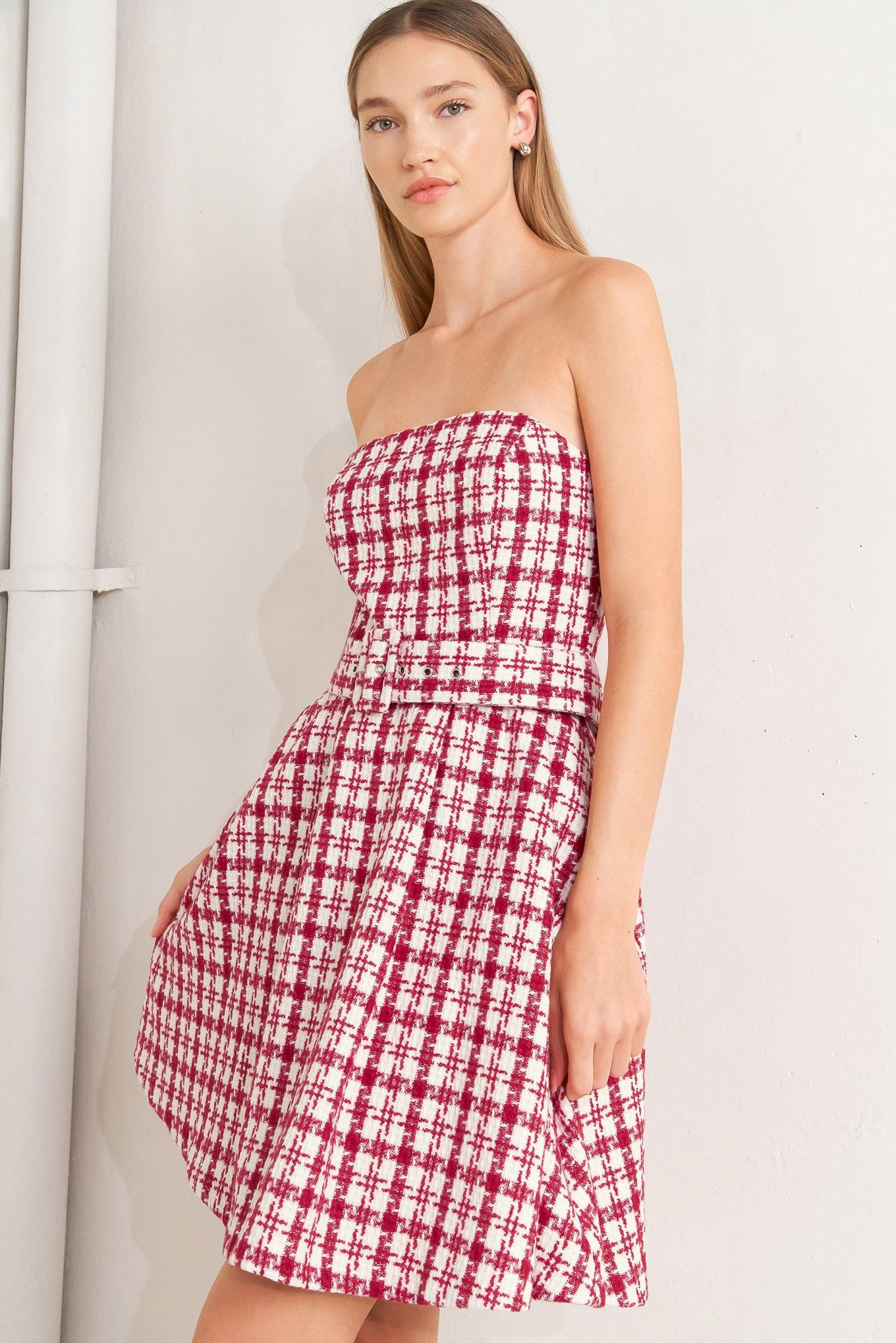 Cherry Check Tweed Mini Dress in red, view 3 — Soul Flow Apparel
