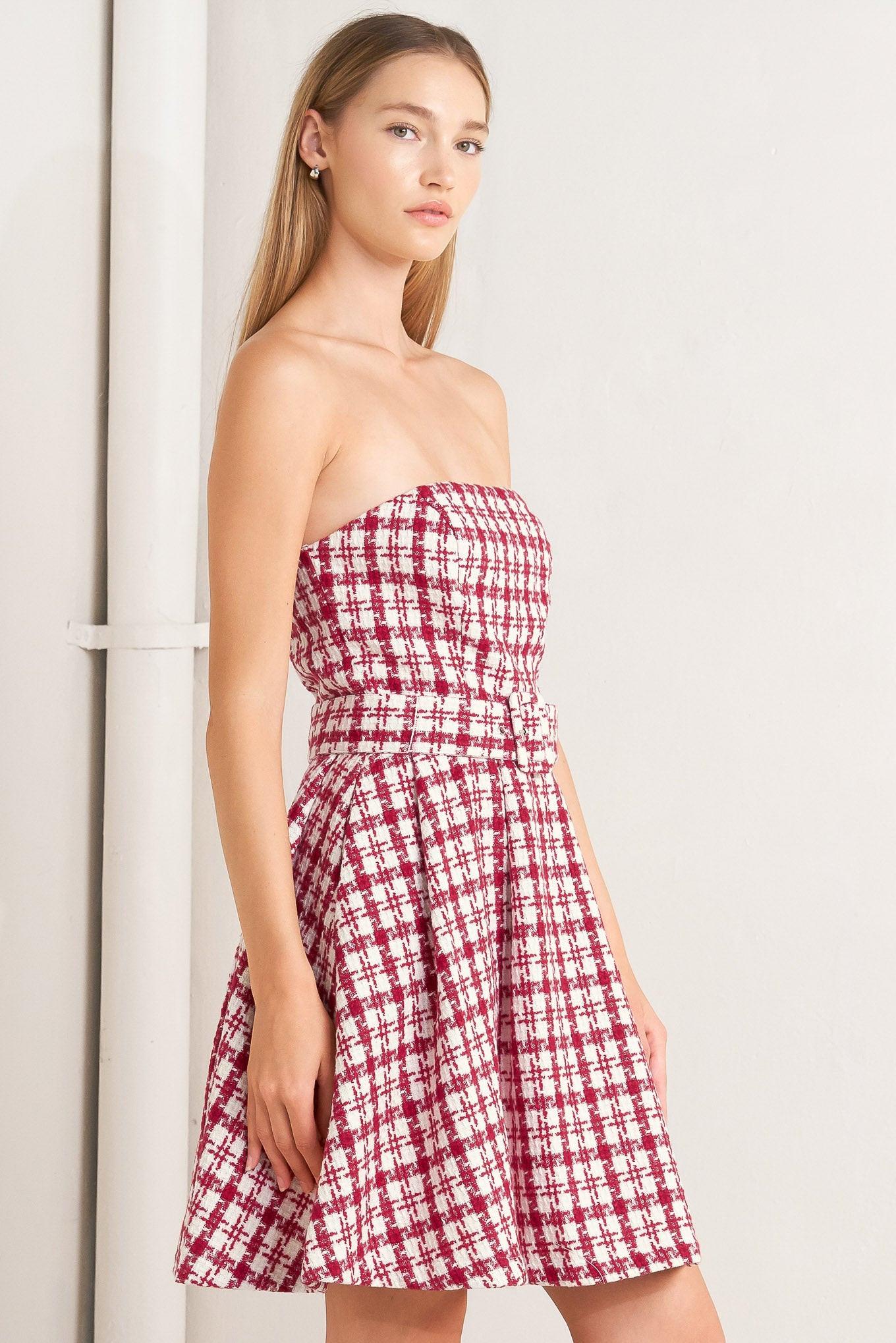 Cherry Check Tweed Mini Dress in red, view 5 — Soul Flow Apparel
