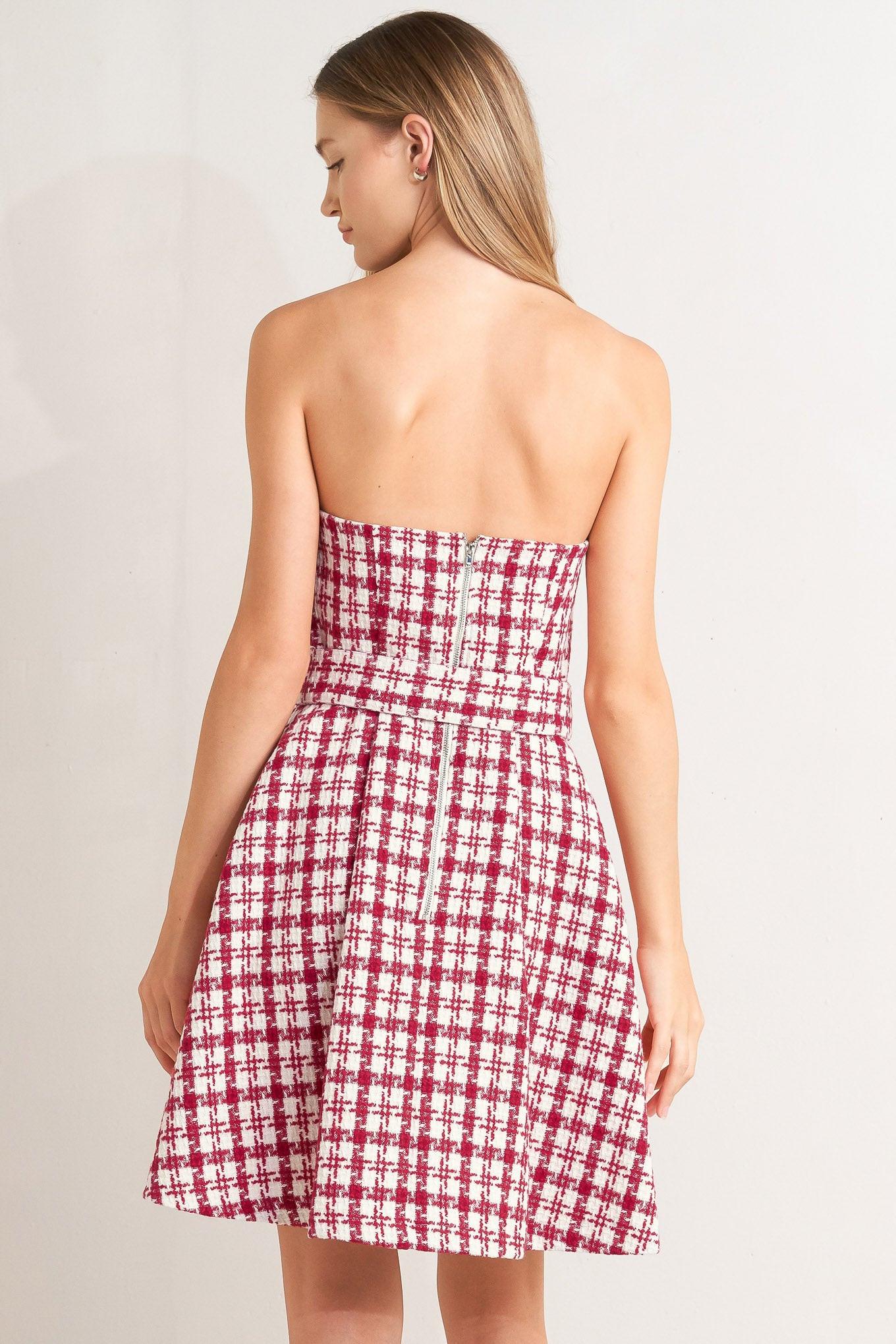 Cherry Check Tweed Mini Dress in red, view 6 — Soul Flow Apparel