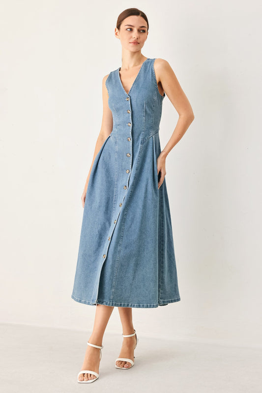 Sweetheart V-Neck Denim Midi Dress in light denim, view 2 — Soul Flow Apparel