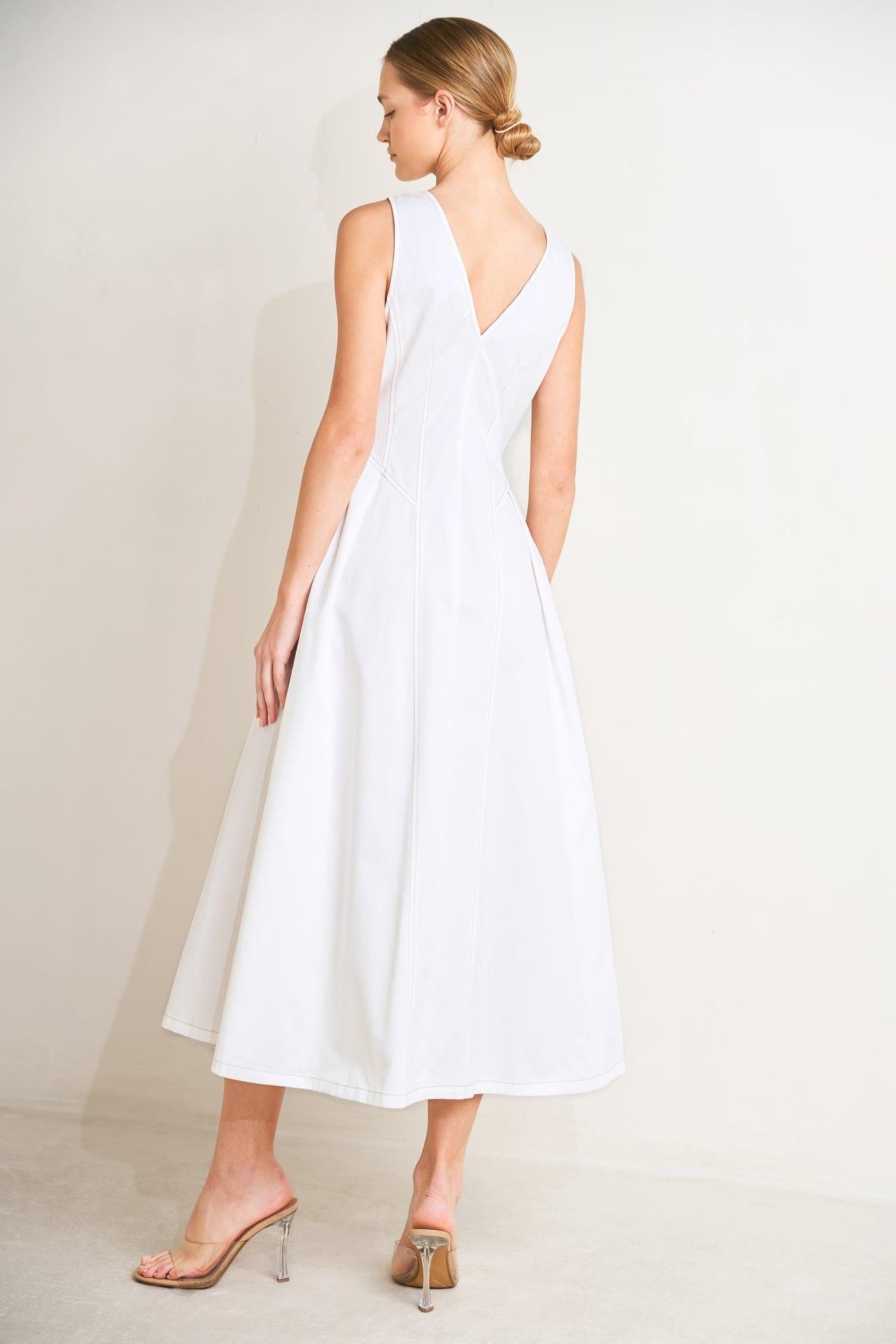 Elegantly Yours Woven Midi Dress in white, view 1 — Soul Flow Apparel