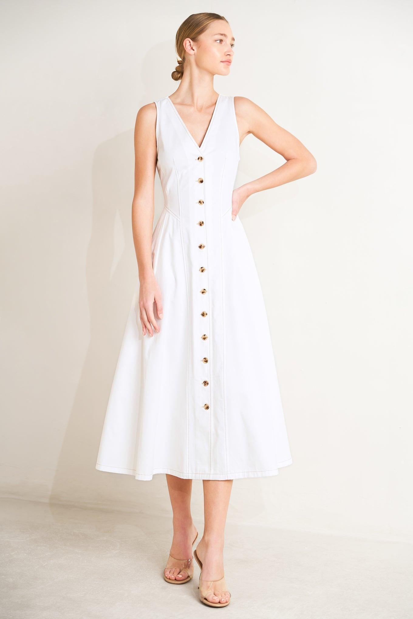Elegantly Yours Woven Midi Dress in white, view 2 — Soul Flow Apparel
