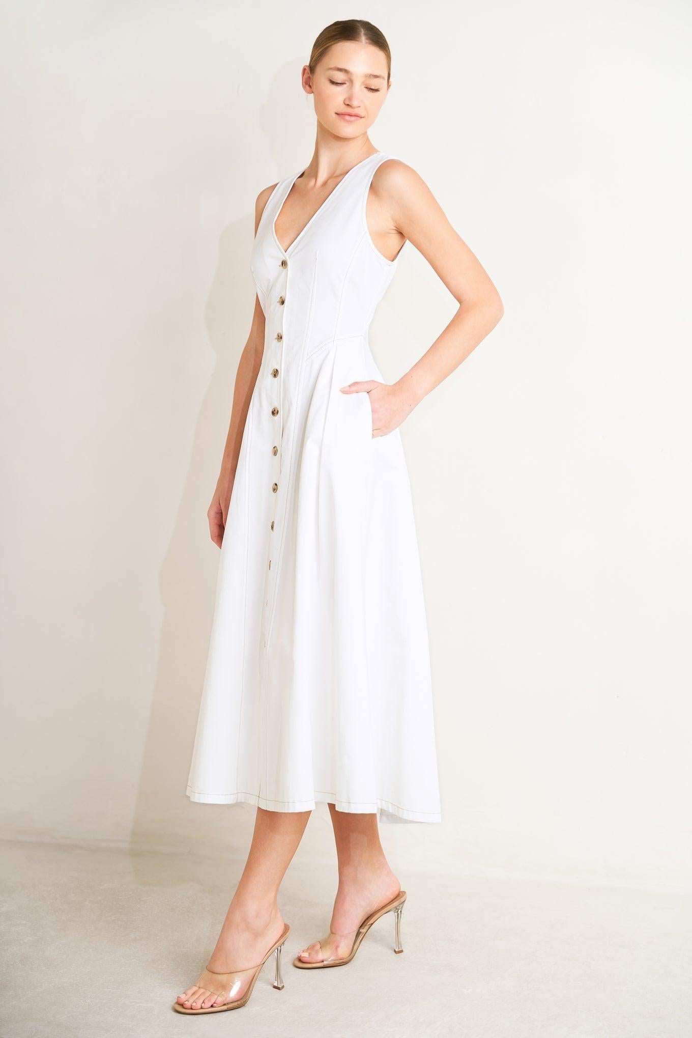 Elegantly Yours Woven Midi Dress in white, view 5 — Soul Flow Apparel