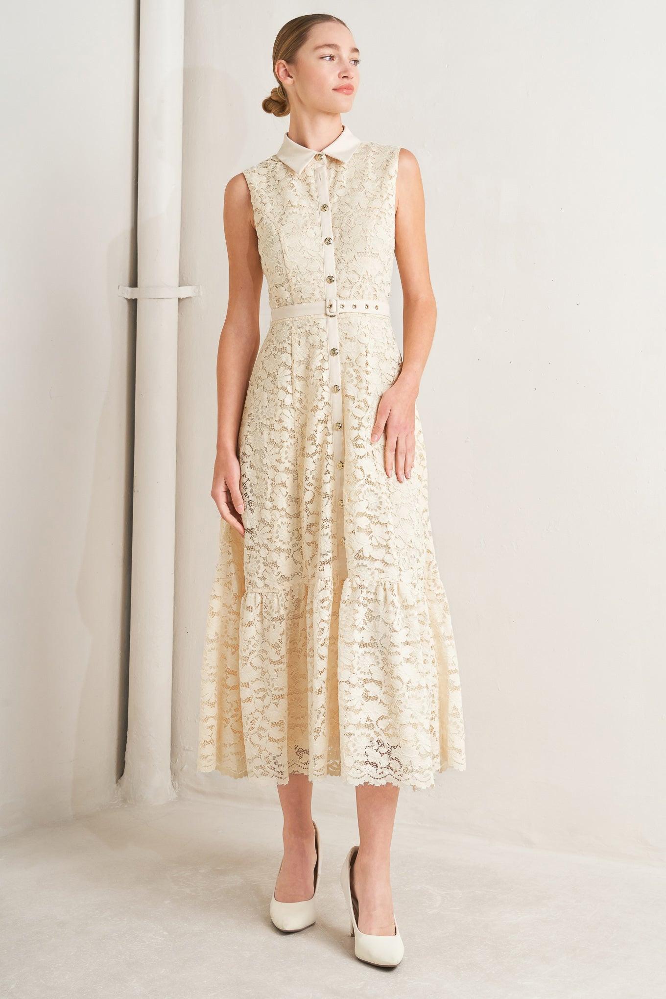 Purely Romantic Woven Lace Midi Dress in cream, view 1 — Soul Flow Apparel