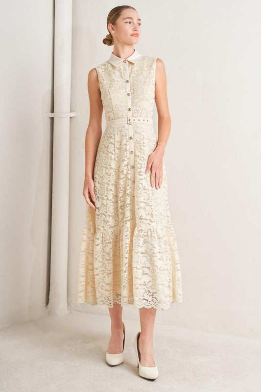 Purely Romantic Woven Lace Midi Dress in cream, view 1 — Soul Flow Apparel