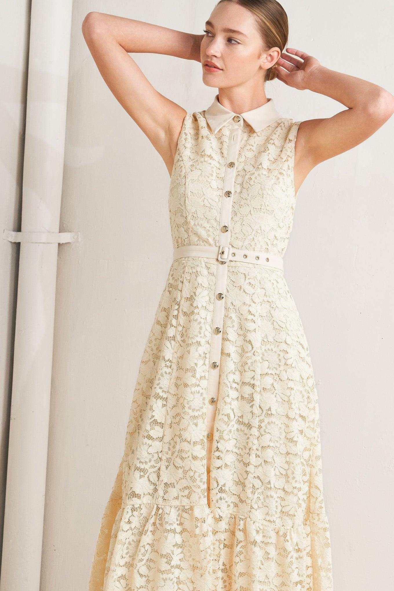 Purely Romantic Woven Lace Midi Dress in cream, view 2 — Soul Flow Apparel
