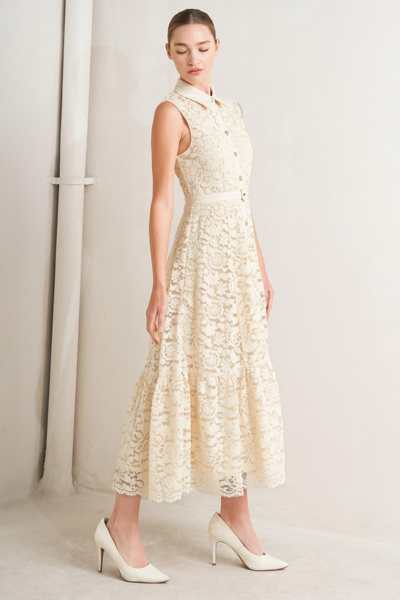 Purely Romantic Woven Lace Midi Dress in cream, view 3 — Soul Flow Apparel