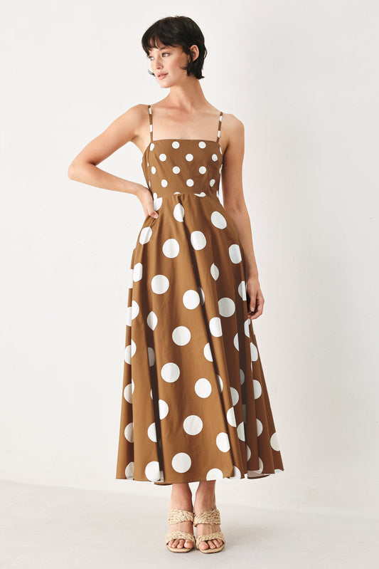 Dolce Vita Polka Dot Woven Midi Dress in brown white, view 4 — Soul Flow Apparel