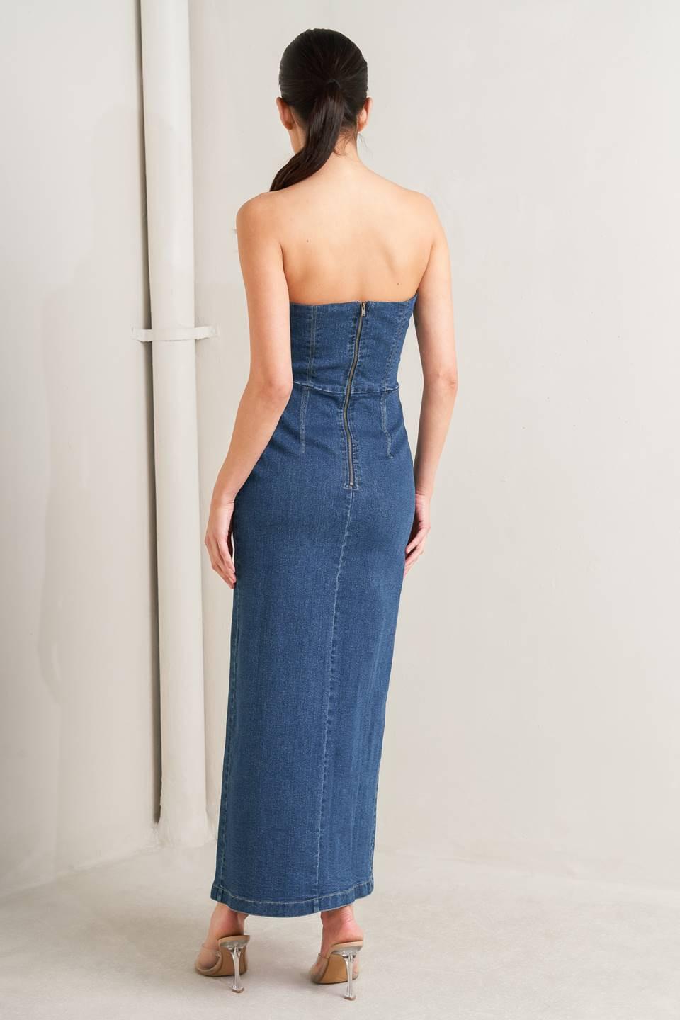 Raw Echo Denim Midi Dress, view 6 — Soul Flow Apparel