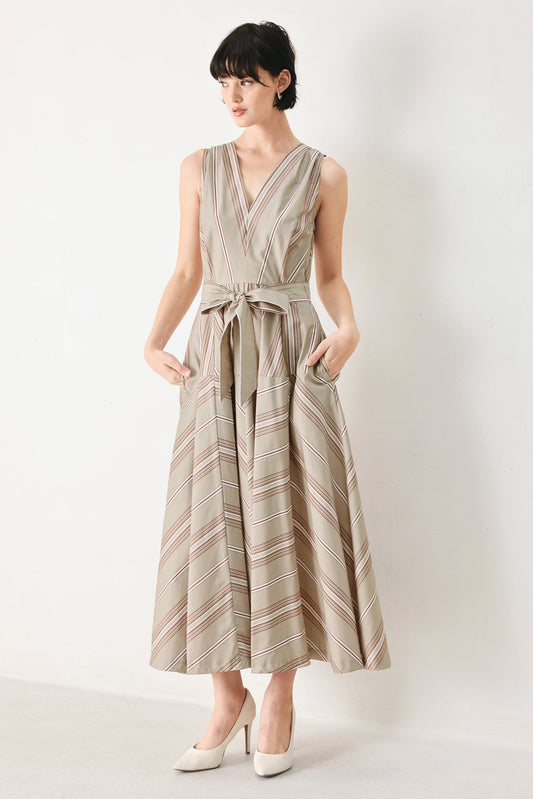 Sweet Stripe Woven Midi Dress in taupe, view 1 — Soul Flow Apparel