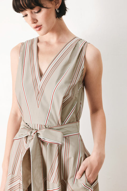 Sweet Stripe Woven Midi Dress in taupe, view 5 — Soul Flow Apparel