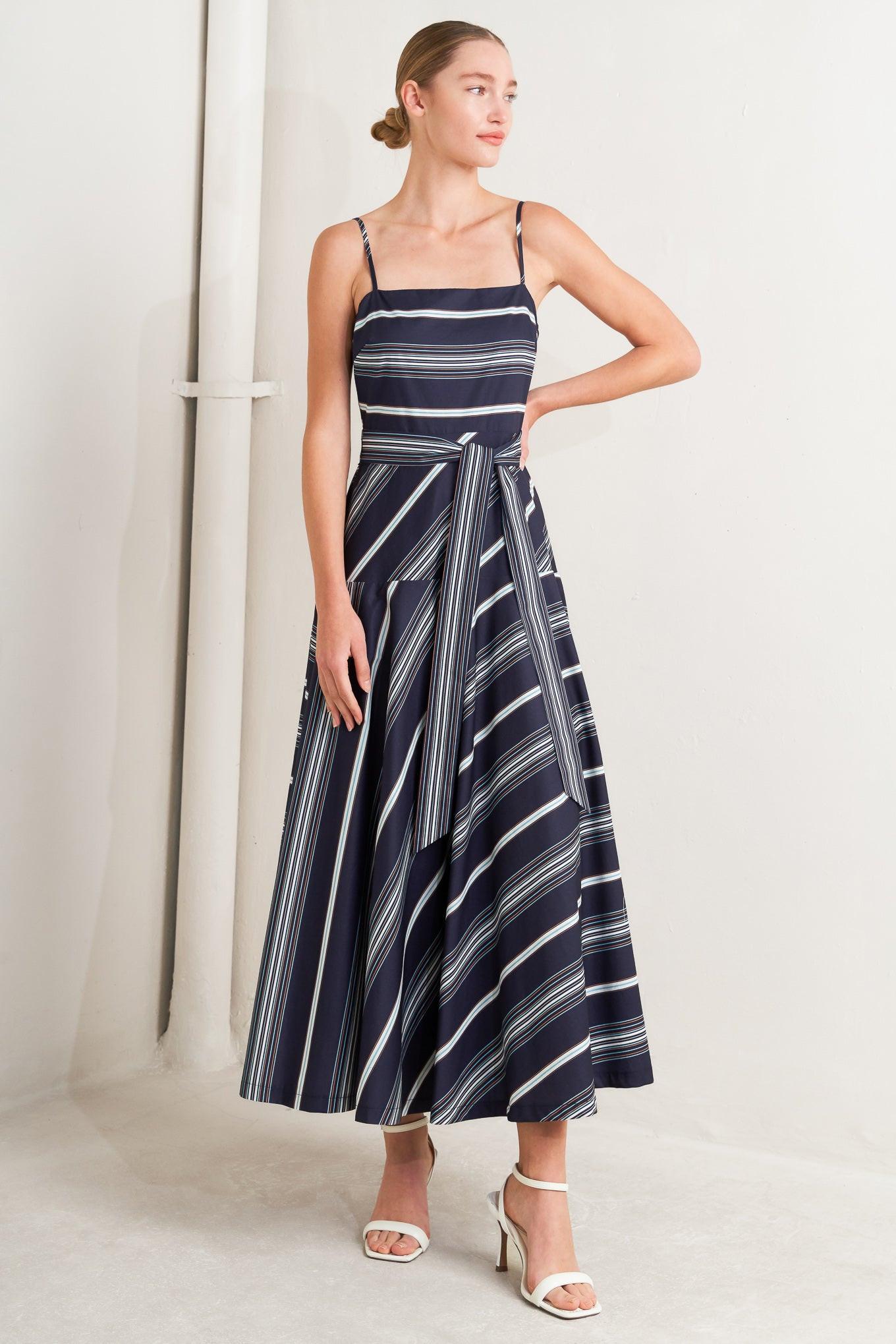 Sweet Escape Stripe Woven Midi Dress in navy, view 1 — Soul Flow Apparel