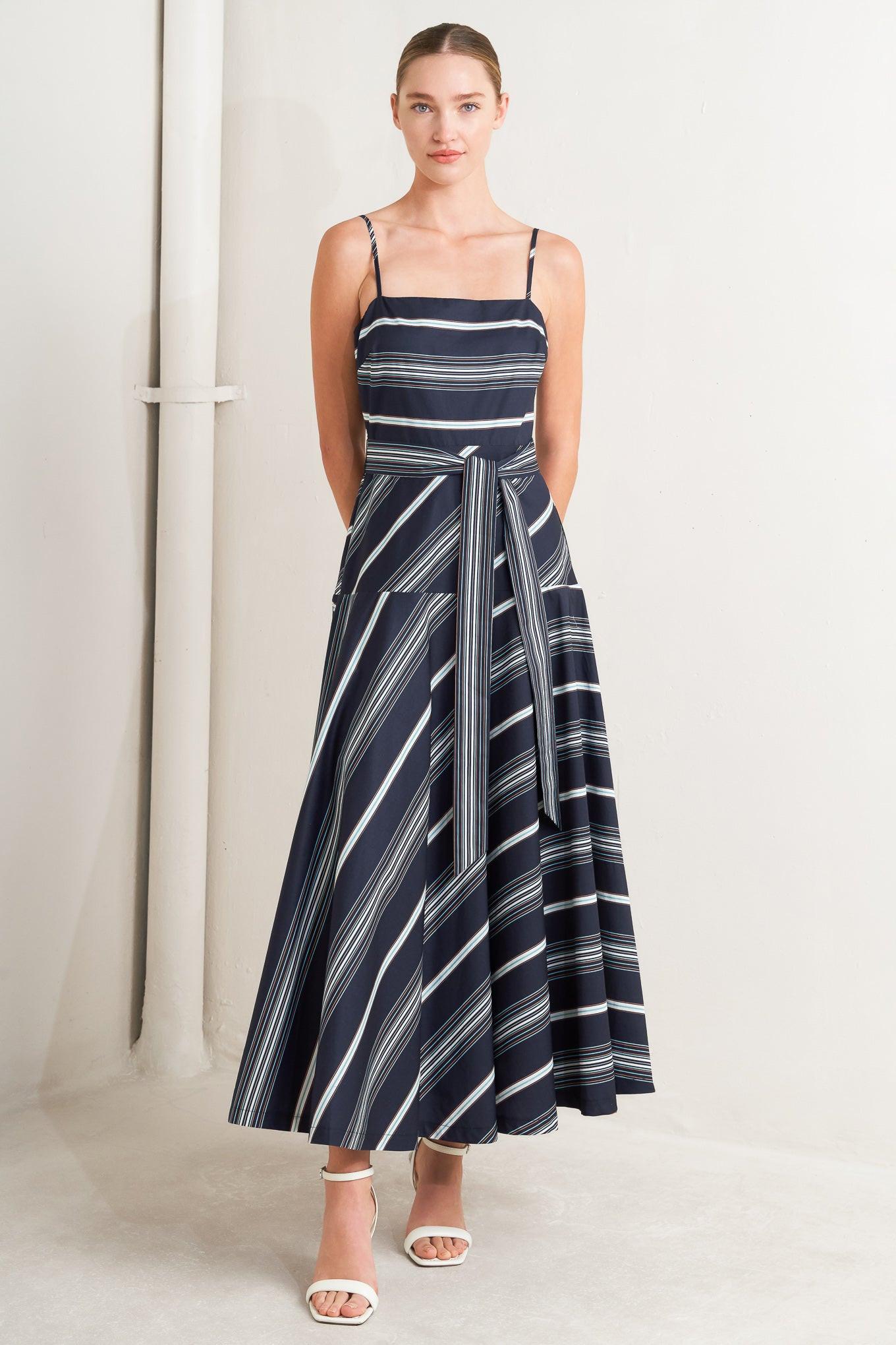 Sweet Escape Stripe Woven Midi Dress in navy, view 2 — Soul Flow Apparel