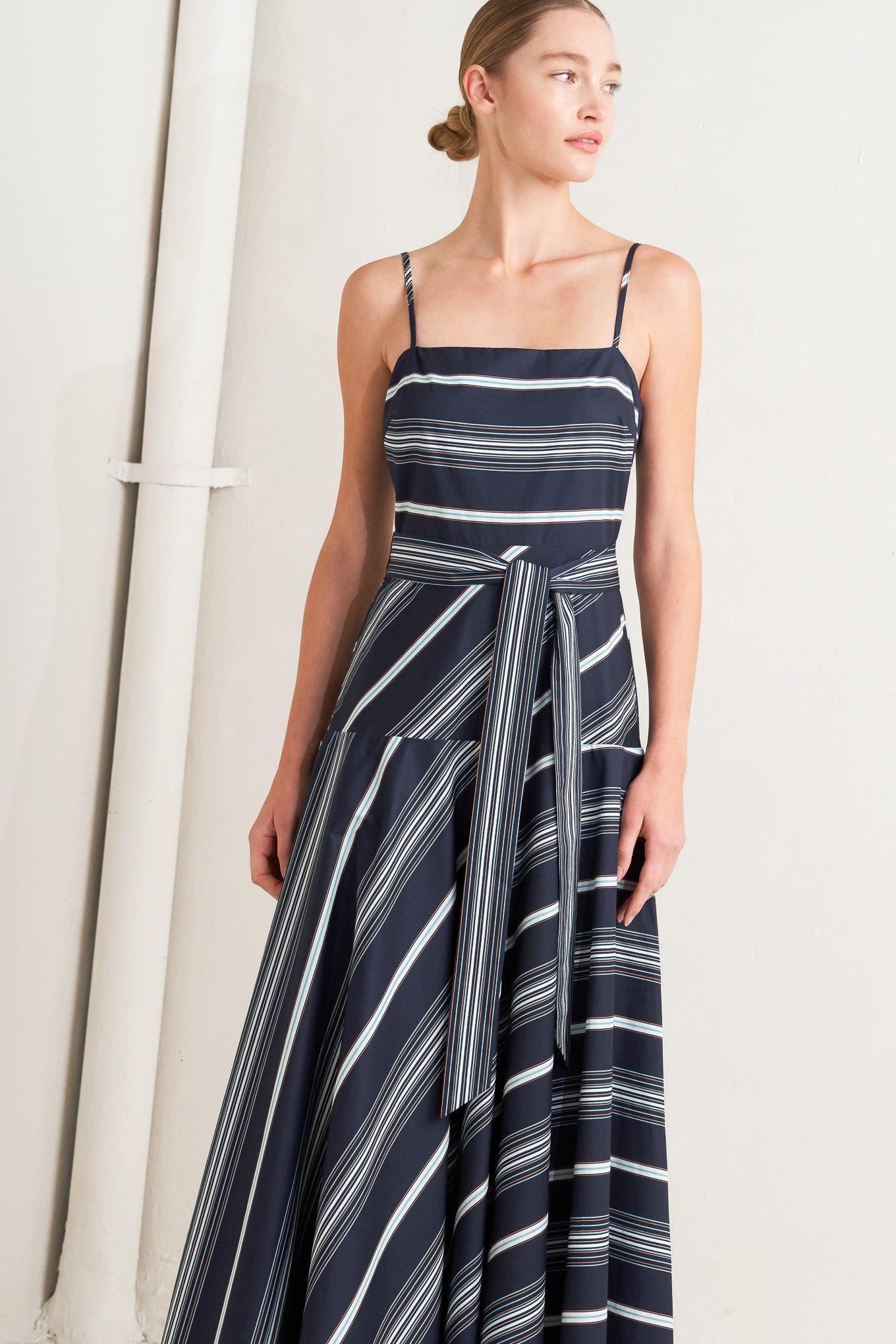 Sweet Escape Stripe Woven Midi Dress in navy, view 3 — Soul Flow Apparel