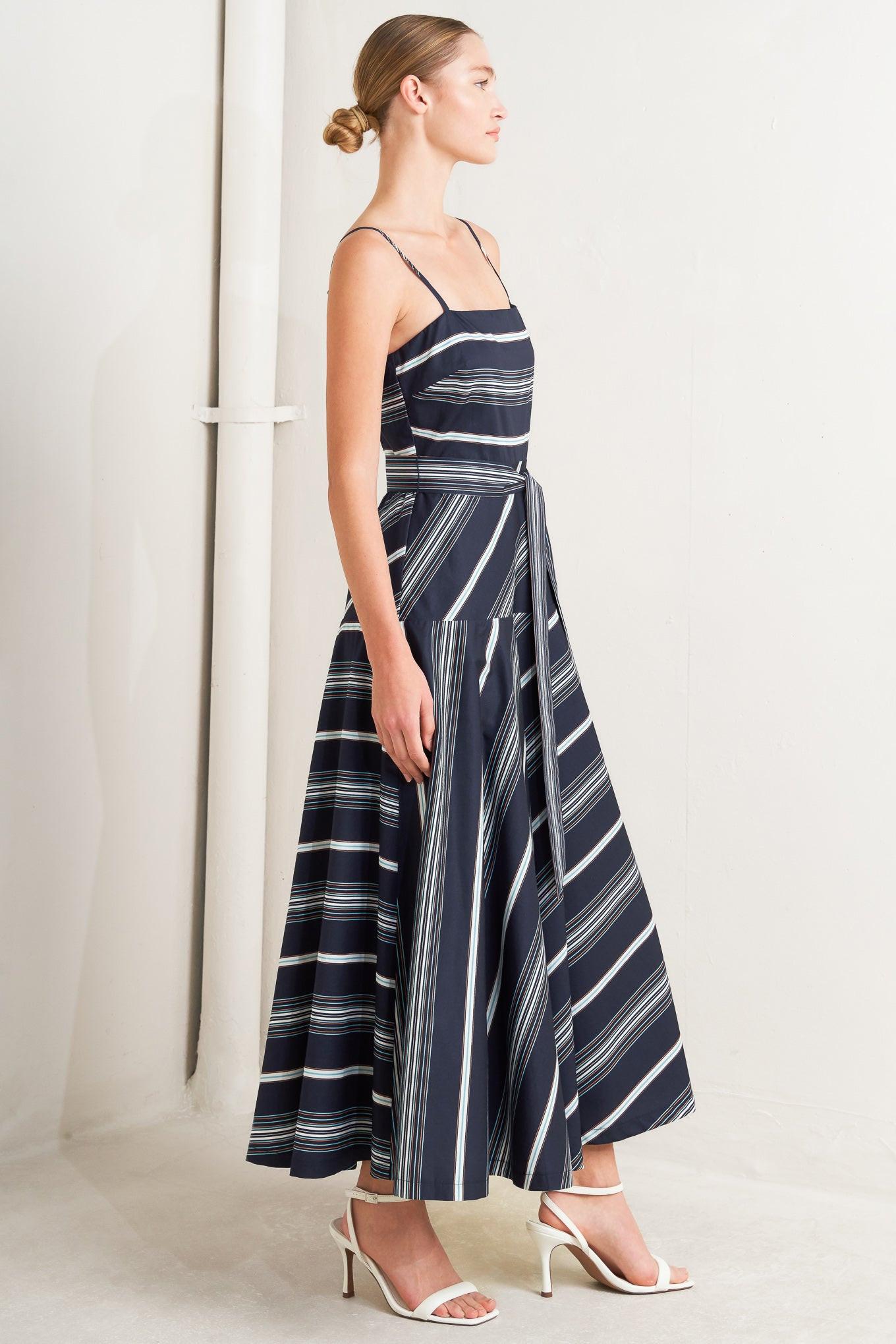 Sweet Escape Stripe Woven Midi Dress in navy, view 4 — Soul Flow Apparel