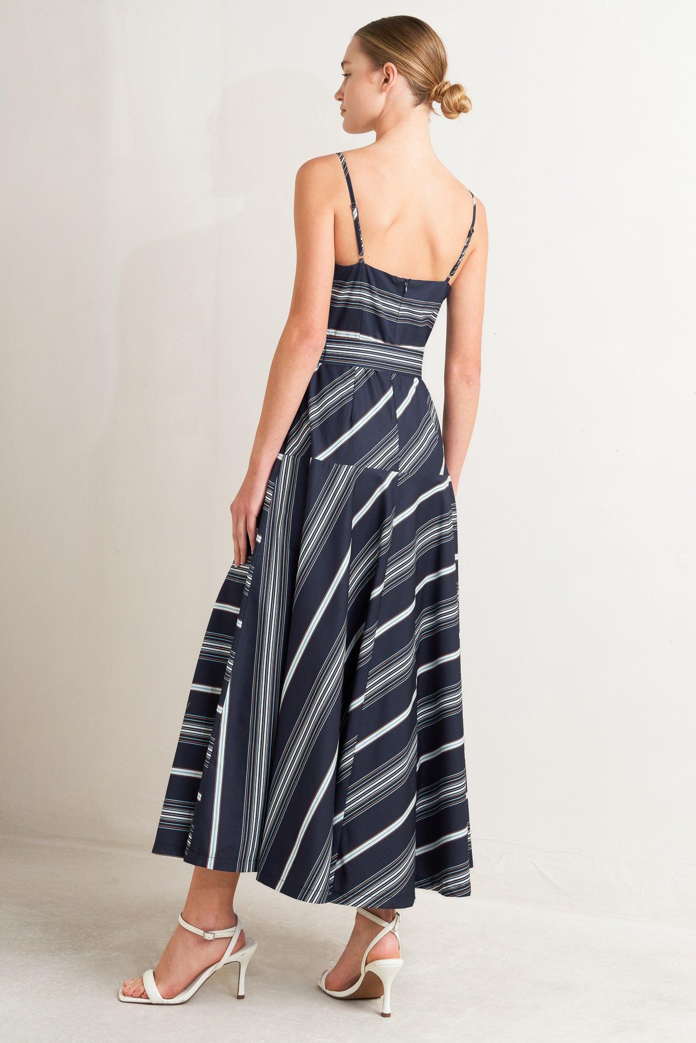 Sweet Escape Stripe Woven Midi Dress in navy, view 5 — Soul Flow Apparel