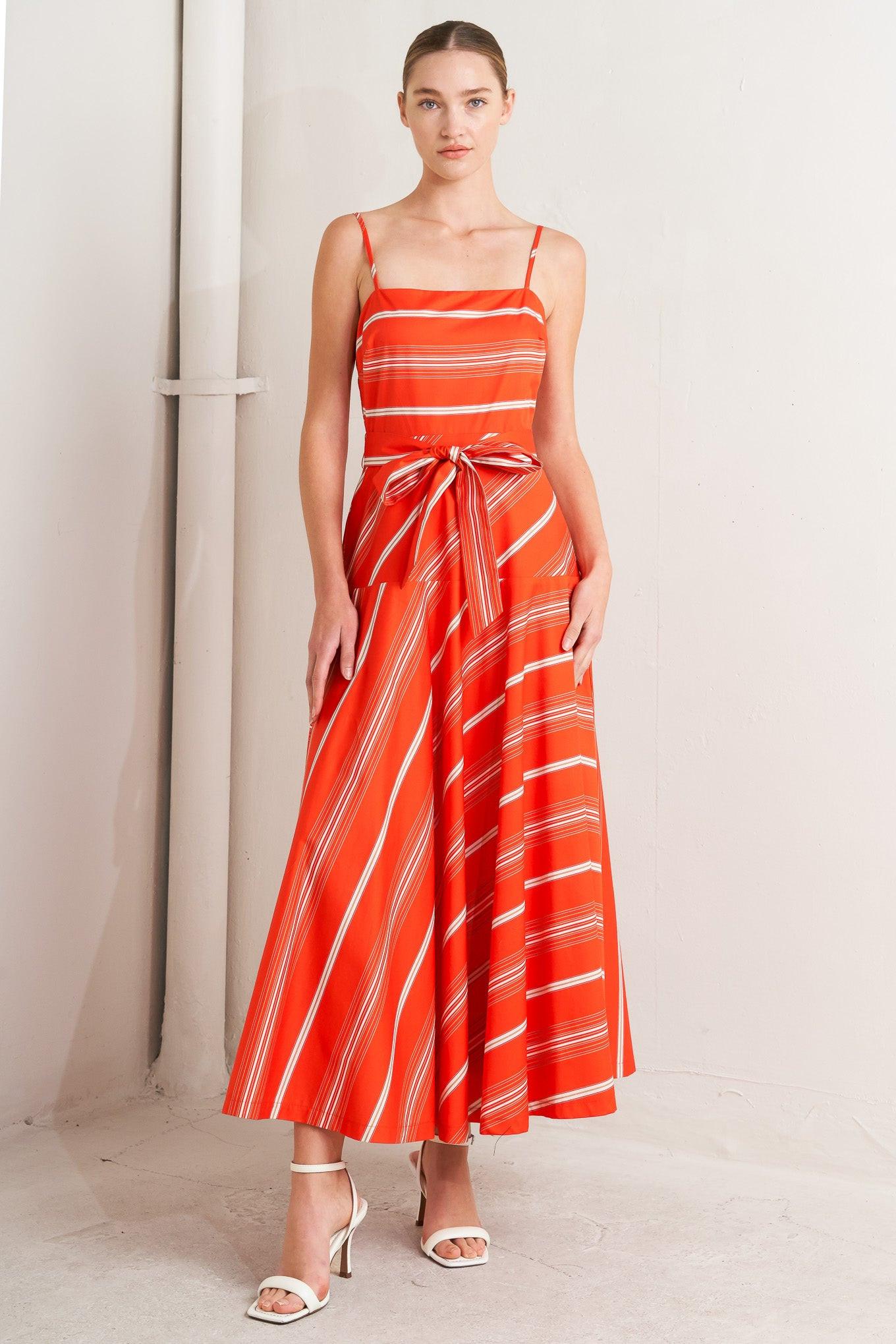 Sweet Escape Stripe Woven Midi Dress in tomato red, view 1 — Soul Flow Apparel
