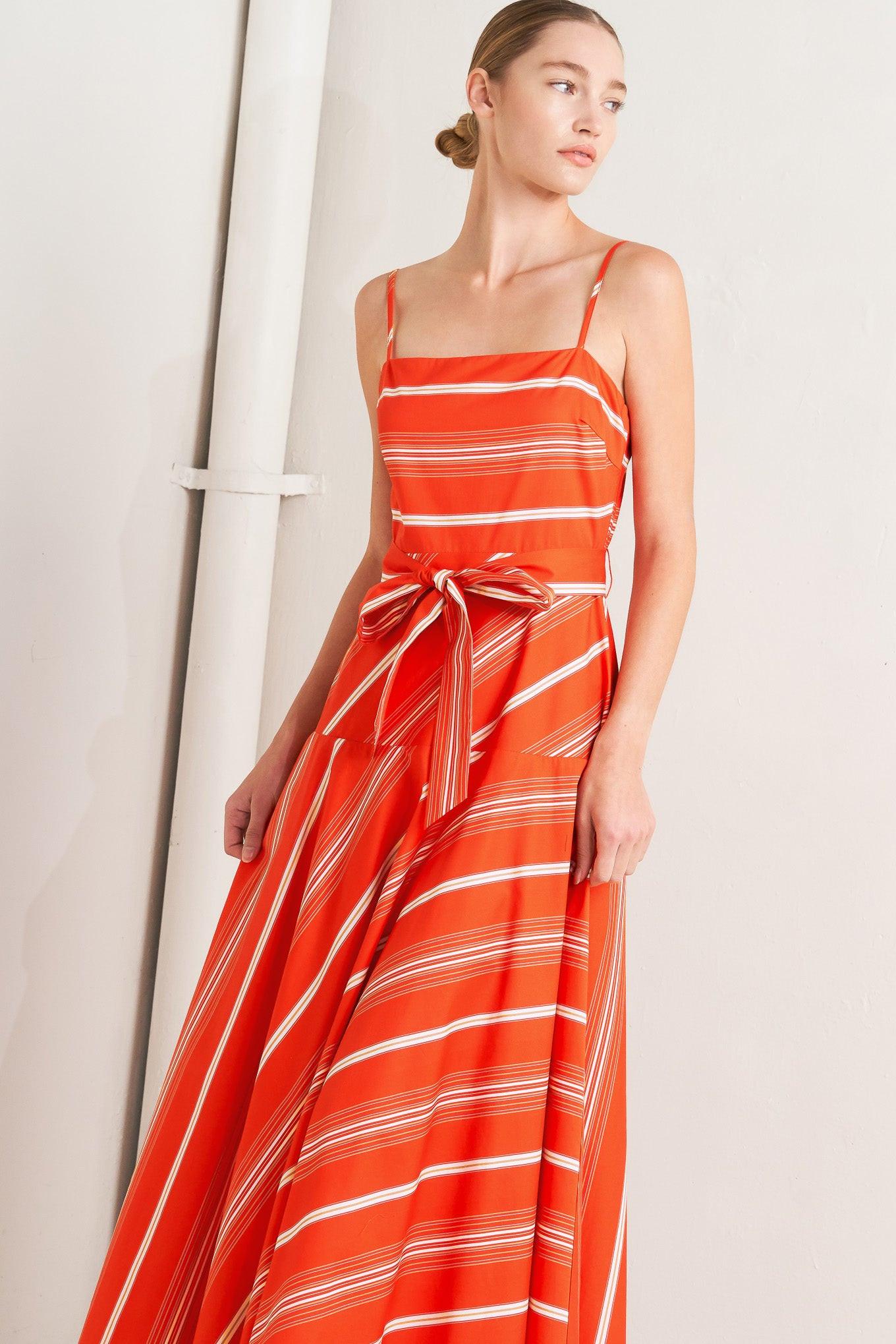 Sweet Escape Stripe Woven Midi Dress in tomato red, view 2 — Soul Flow Apparel