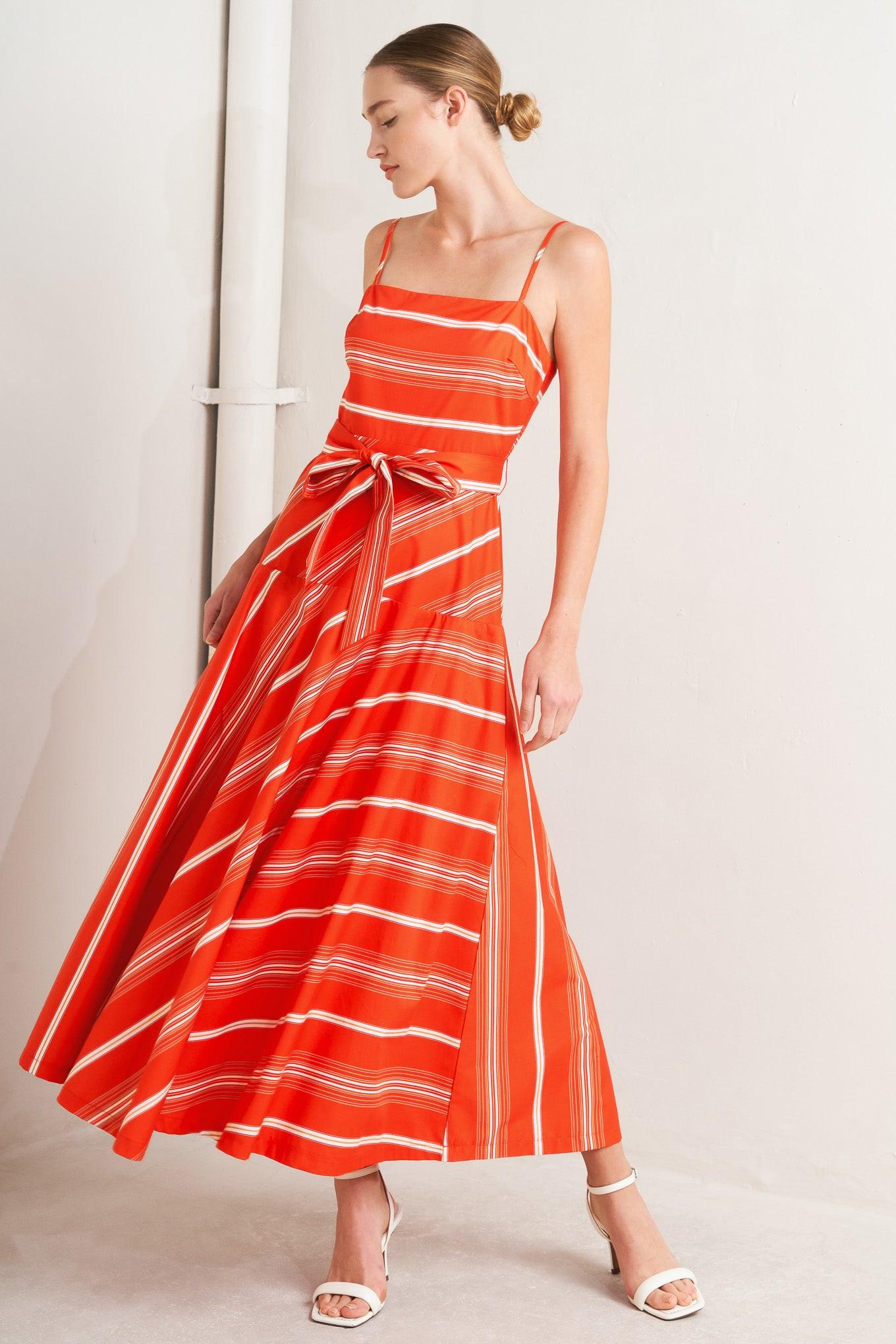 Sweet Escape Stripe Woven Midi Dress in tomato red, view 3 — Soul Flow Apparel