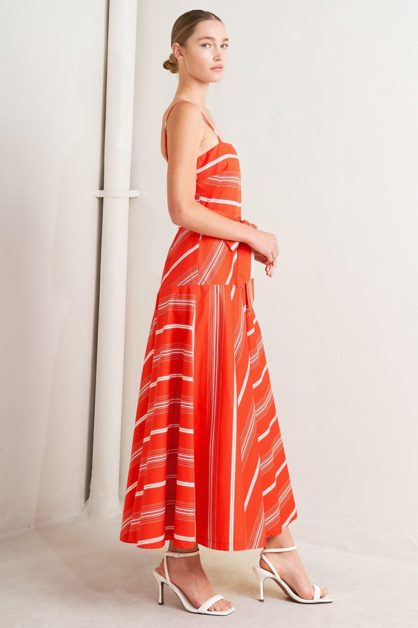 Sweet Escape Stripe Woven Midi Dress in tomato red, view 4 — Soul Flow Apparel
