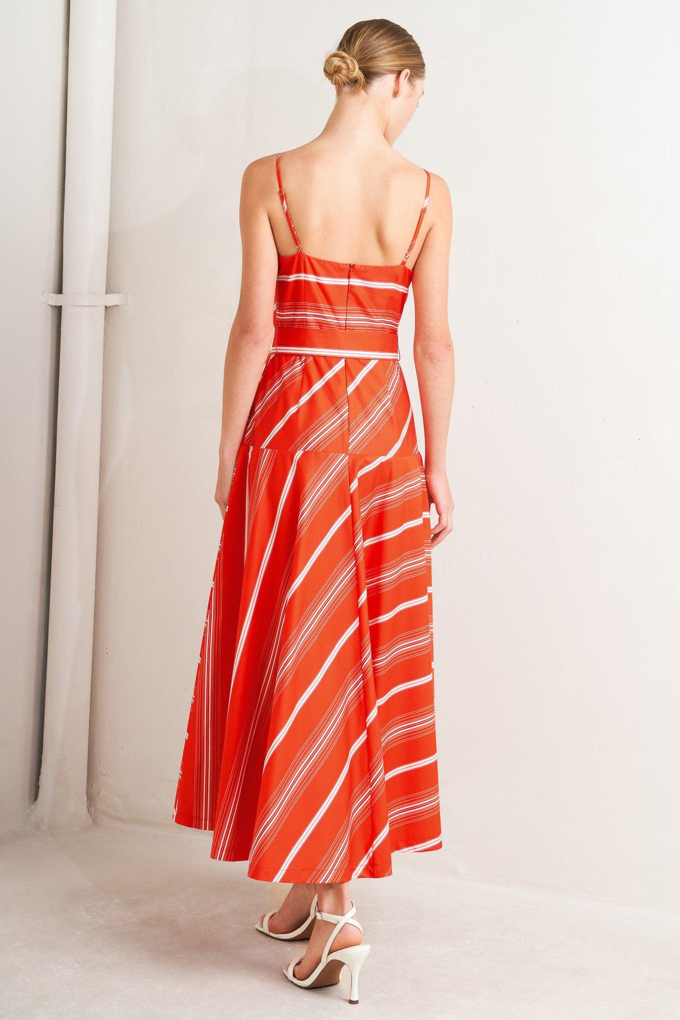 Sweet Escape Stripe Woven Midi Dress in tomato red, view 5 — Soul Flow Apparel