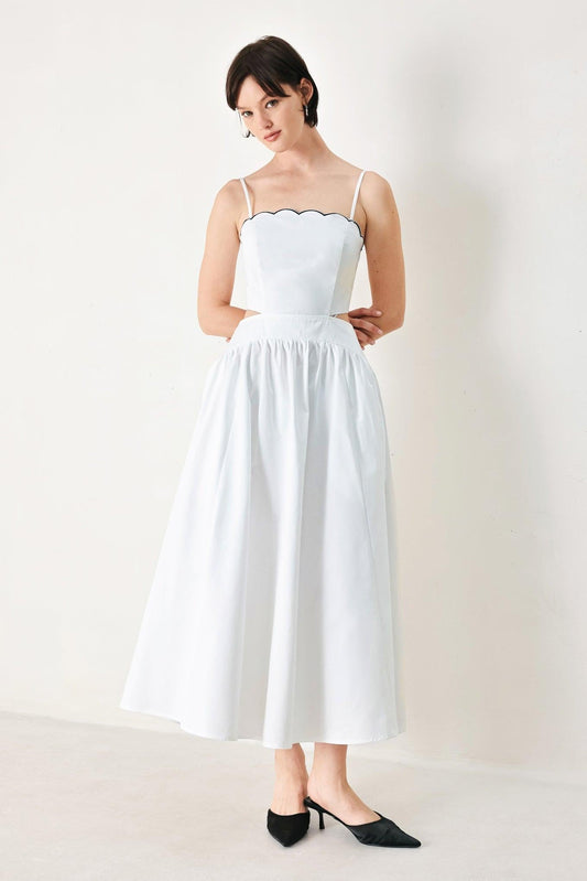 Pure Elegance Woven Midi Dress in white navy, view 1 — Soul Flow Apparel