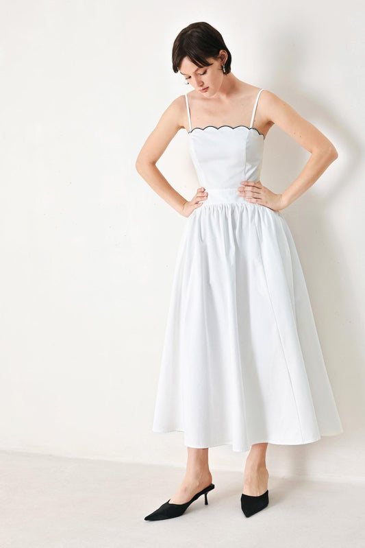 Pure Elegance Woven Midi Dress in white navy, view 2 — Soul Flow Apparel