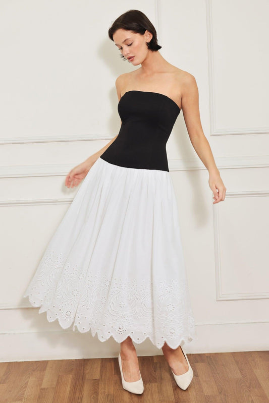 Soft Spoken Beauty Knit Woven Midi Dress in white black, view 1 — Soul Flow Apparel