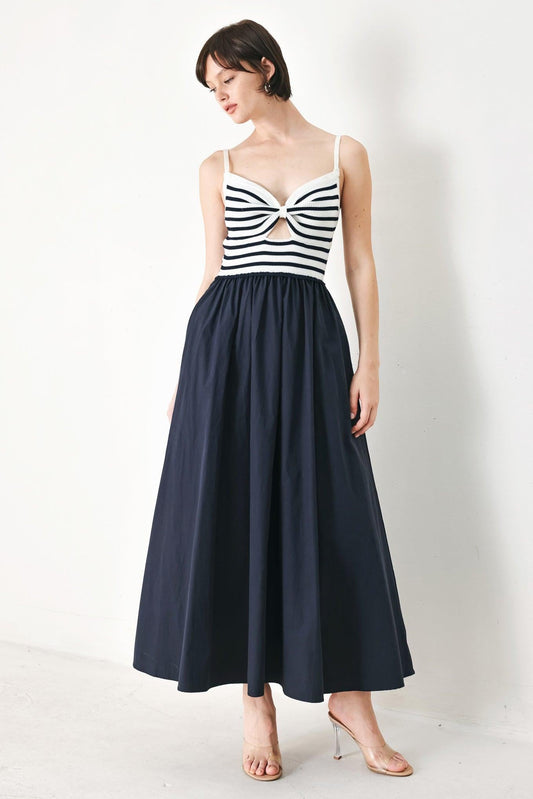 Paris Stripe Cutout Midi Dress in navy multi, view 1 — Soul Flow Apparel