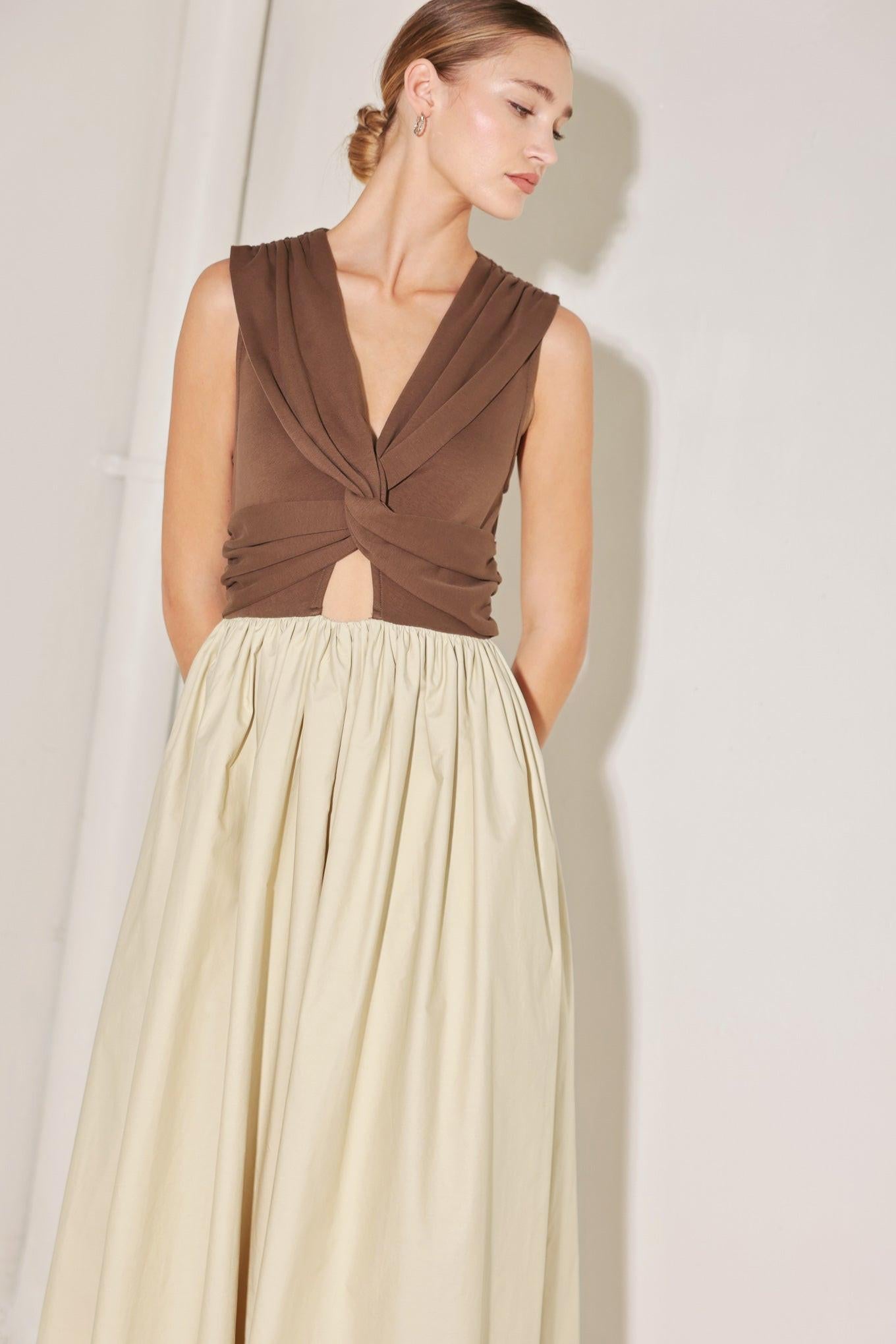 Angel Veil Solid Midi Dress in brown multi, view 3 — Soul Flow Apparel