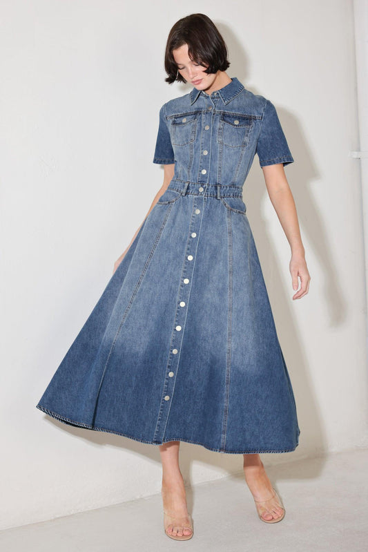 Bluebird Promenade Denim Midi Dress in medium, view 1 — Soul Flow Apparel