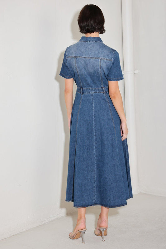 Bluebird Promenade Denim Midi Dress in medium, view 2 — Soul Flow Apparel