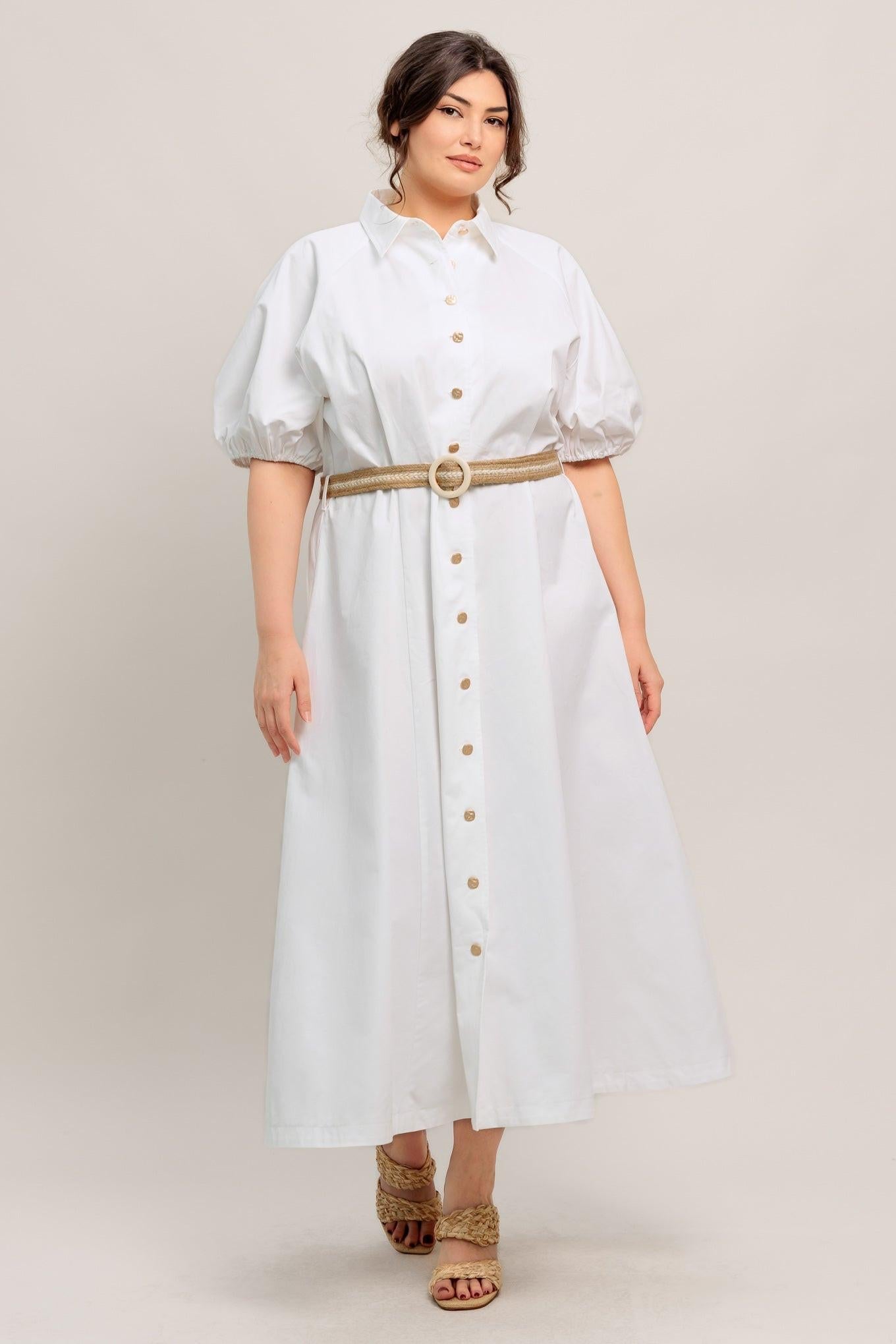 Relaxed Tailor Woven Midi Dress in white, view 1 — Soul Flow Apparel