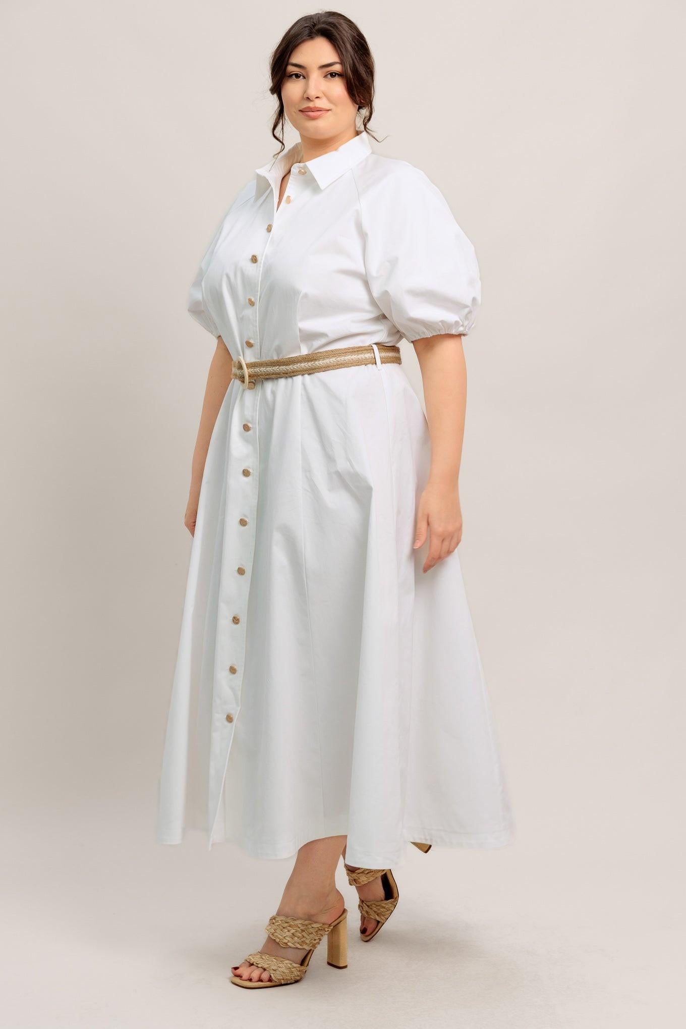 Relaxed Tailor Woven Midi Dress in white, view 2 — Soul Flow Apparel