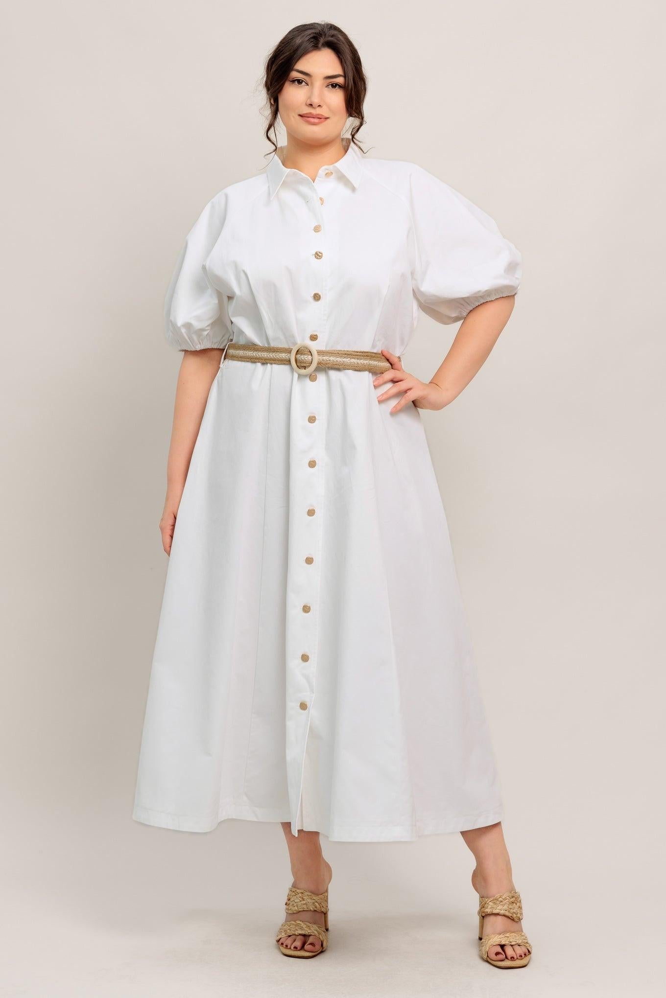 Relaxed Tailor Woven Midi Dress in white, view 3 — Soul Flow Apparel