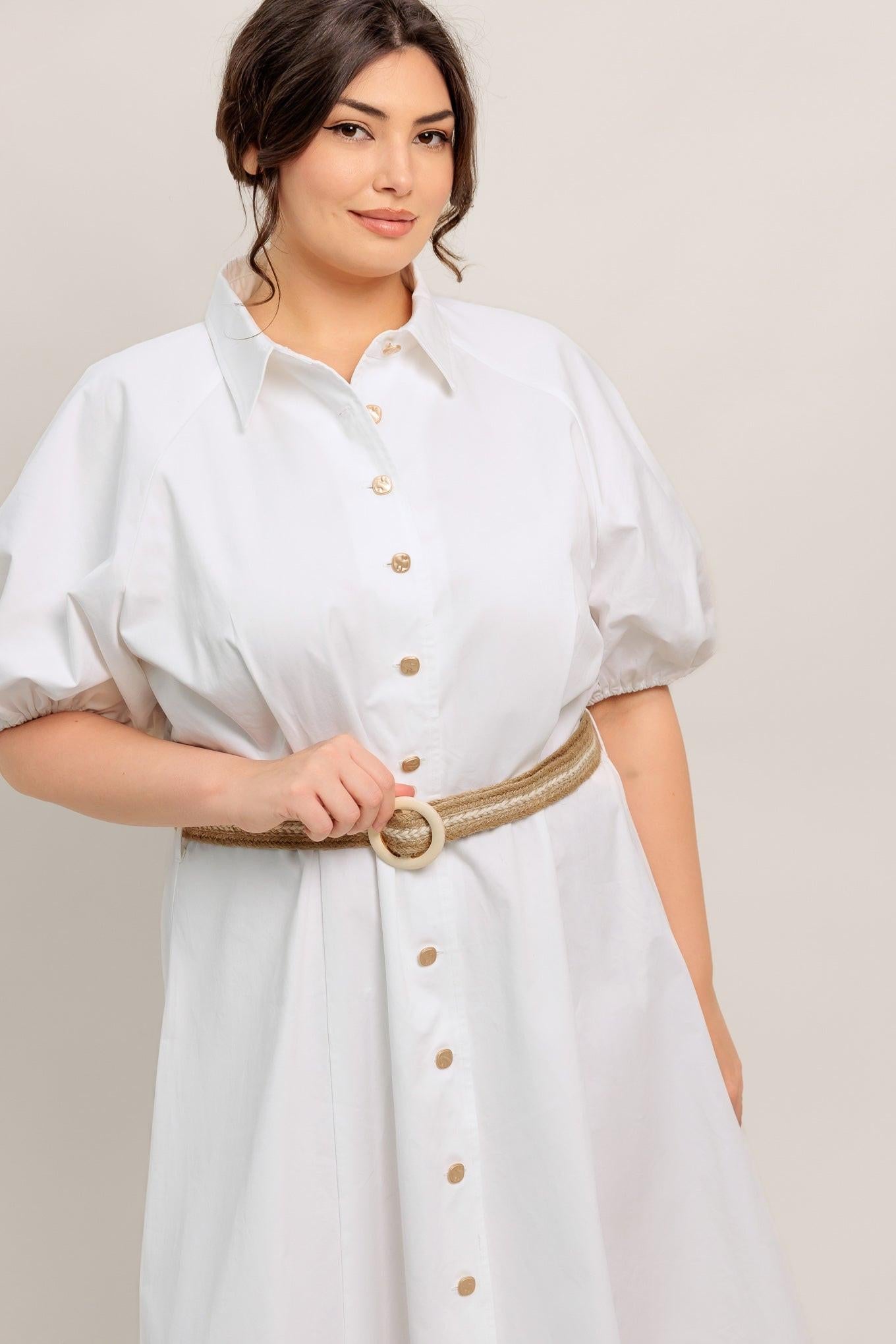 Relaxed Tailor Woven Midi Dress in white, view 4 — Soul Flow Apparel