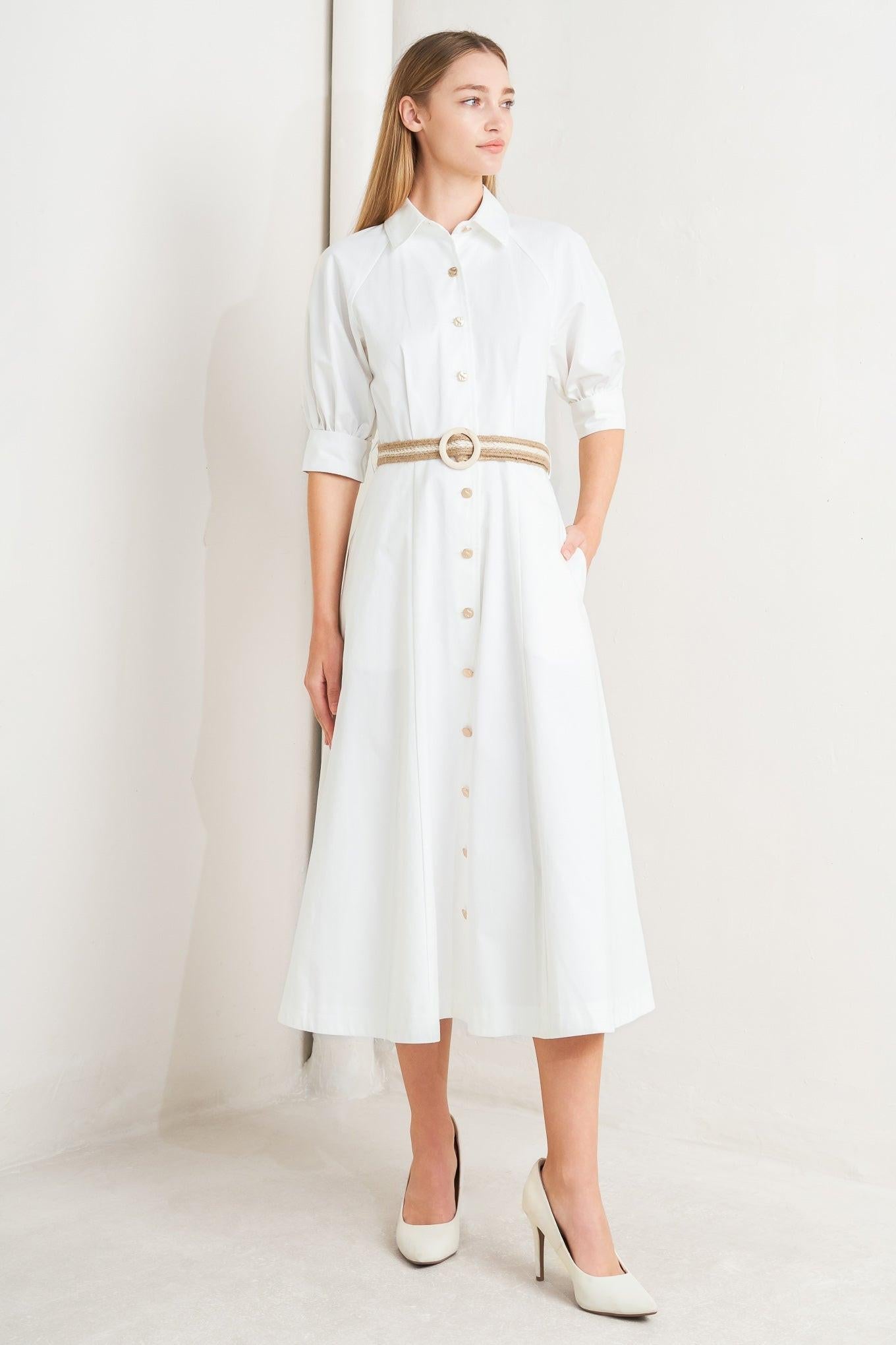 Relaxed Tailor Woven Midi Dress in white, view 1 — Soul Flow Apparel