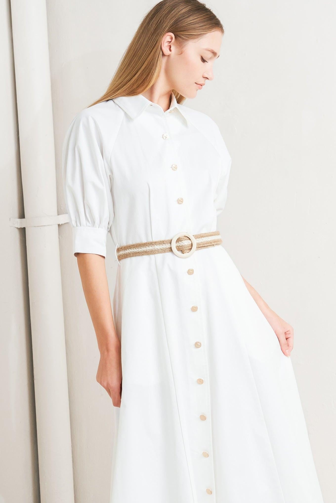Relaxed Tailor Woven Midi Dress in white, view 2 — Soul Flow Apparel