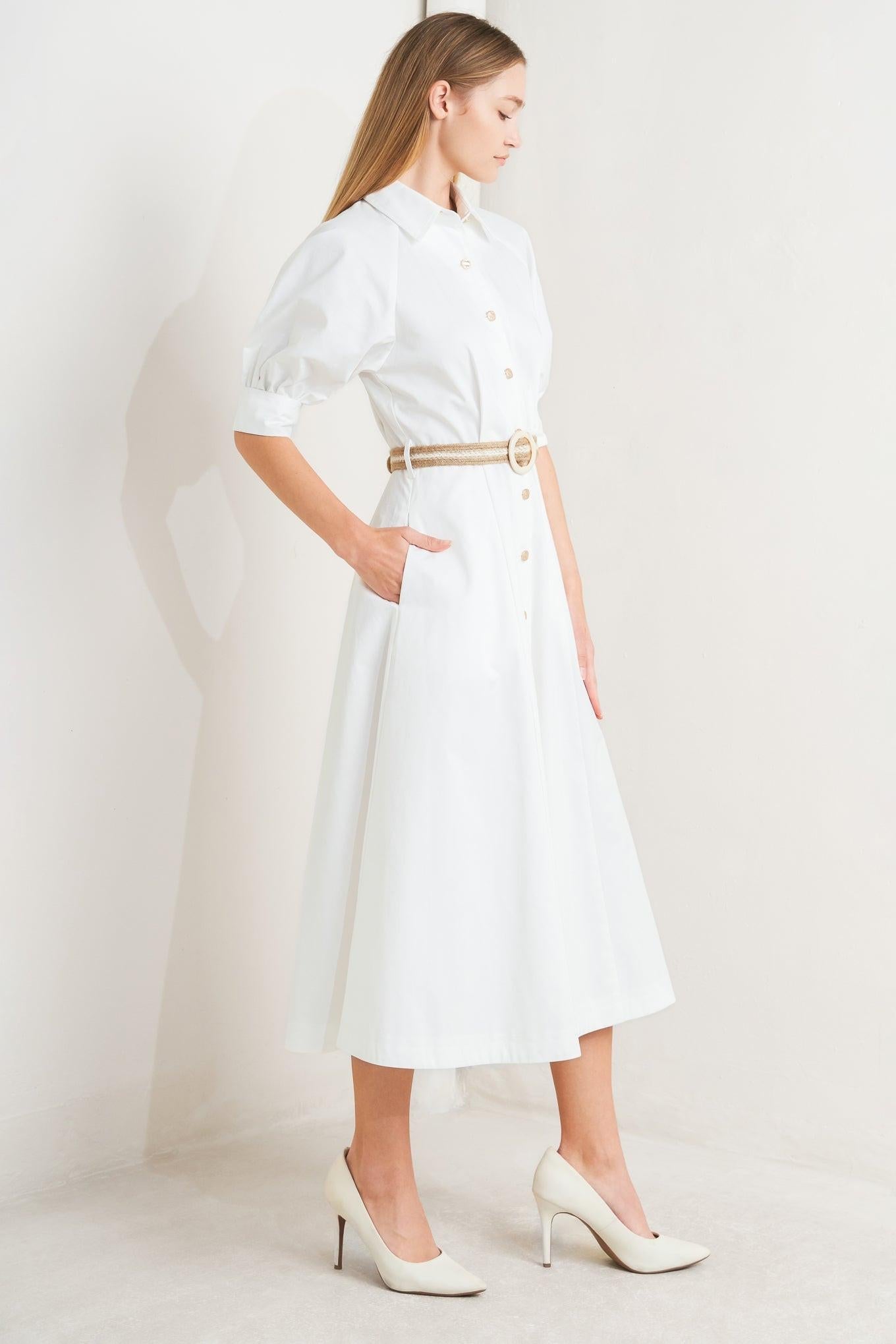 Relaxed Tailor Woven Midi Dress in white, view 3 — Soul Flow Apparel