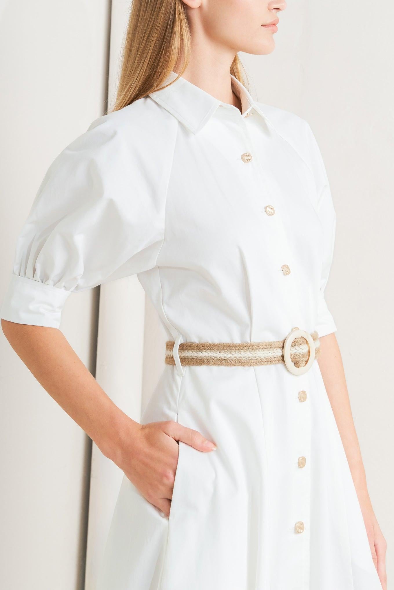 Relaxed Tailor Woven Midi Dress in white, view 4 — Soul Flow Apparel
