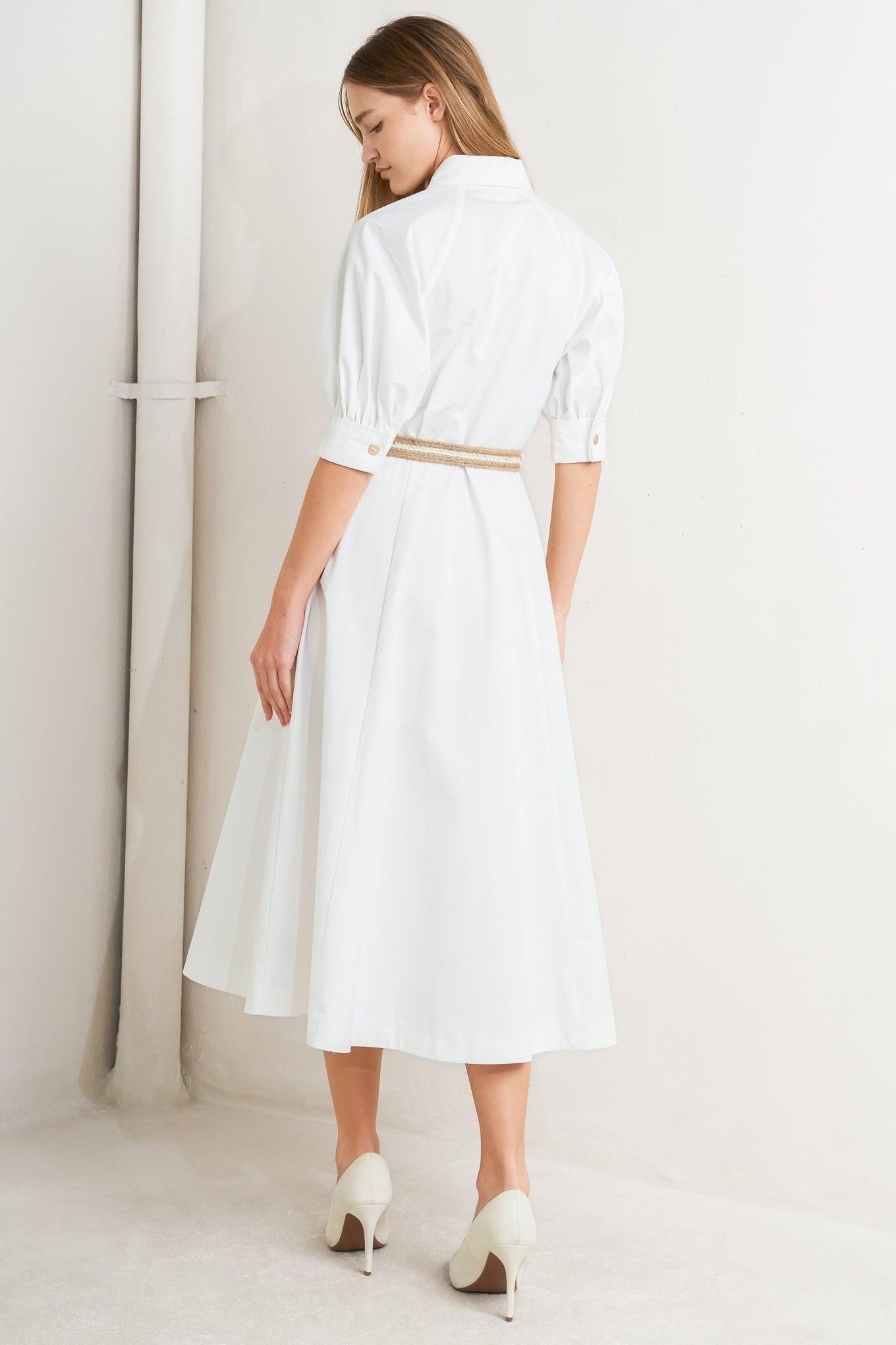 Relaxed Tailor Woven Midi Dress in white, view 5 — Soul Flow Apparel