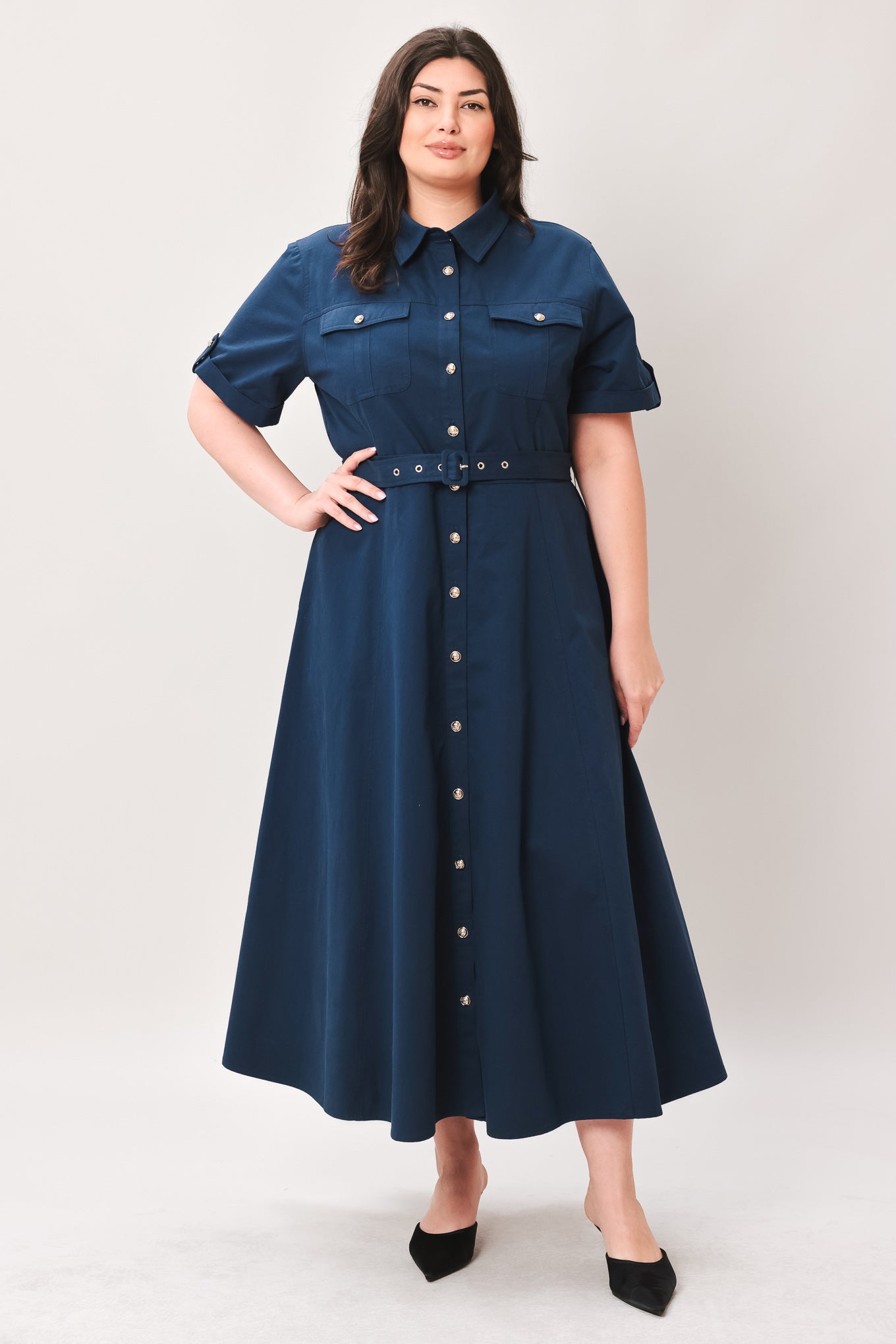Classic Authority Woven Midi Dress in navy, view 7 — Soul Flow Apparel