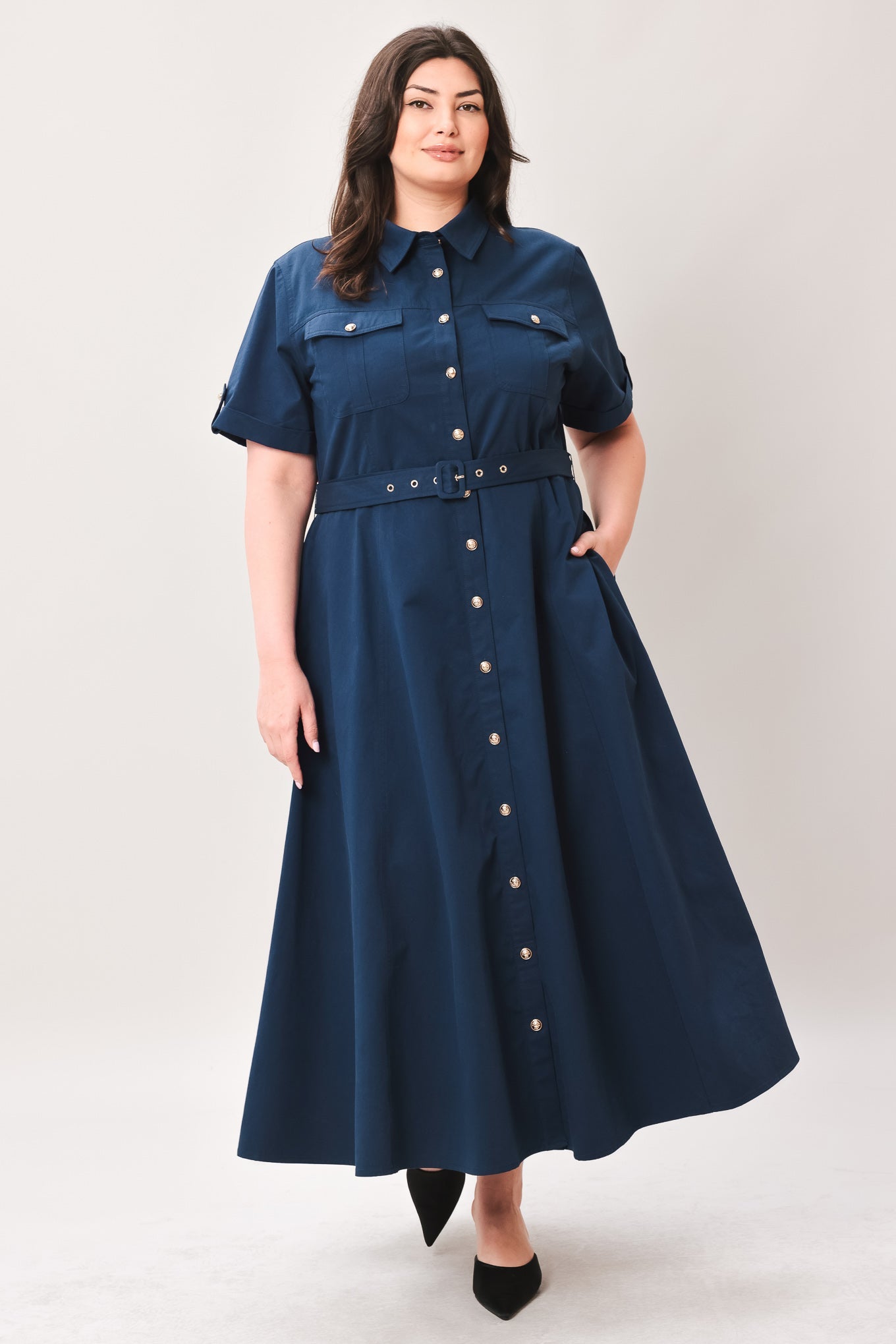 Classic Authority Woven Midi Dress in navy, view 8 — Soul Flow Apparel