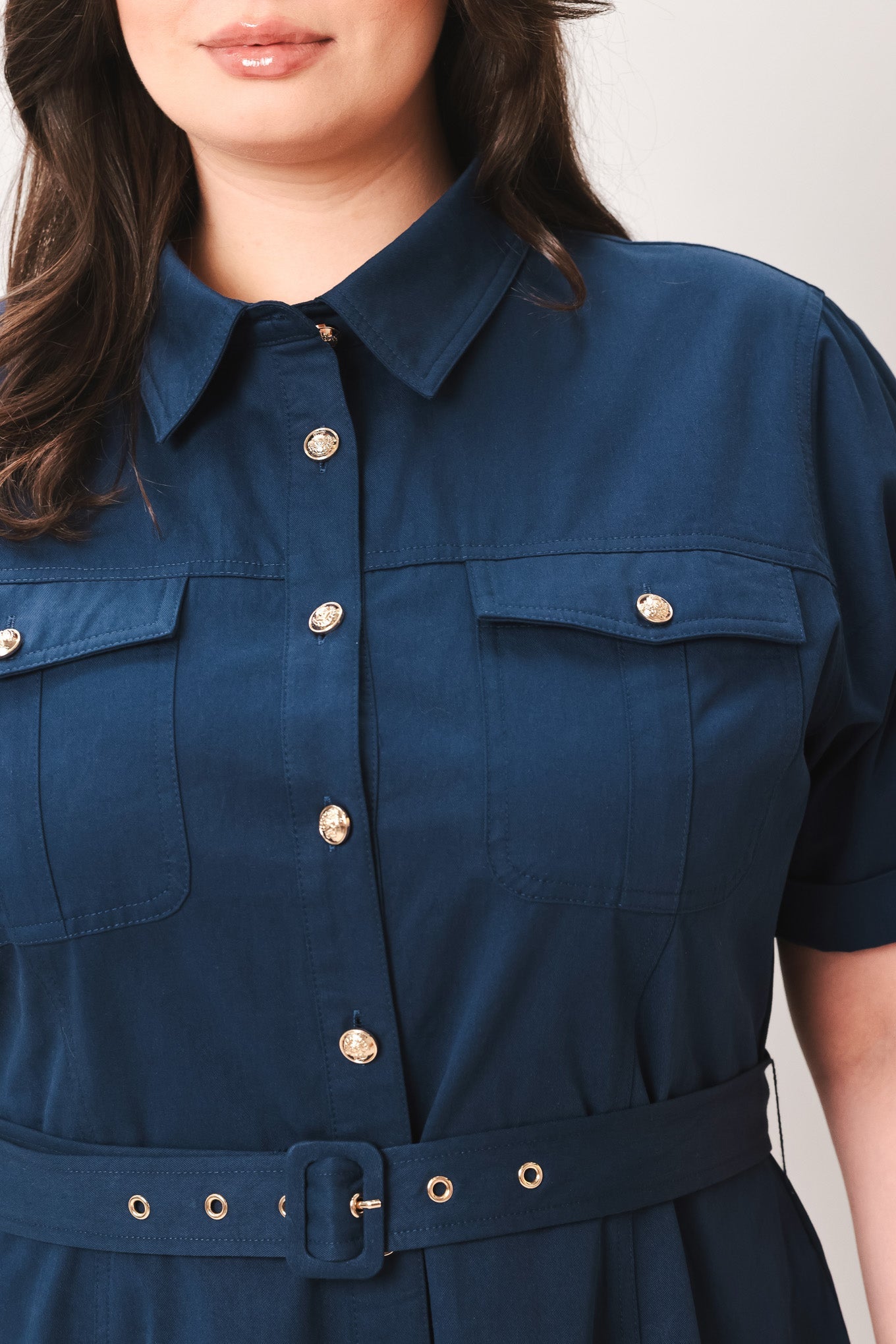 Classic Authority Woven Midi Dress in navy, view 12 — Soul Flow Apparel