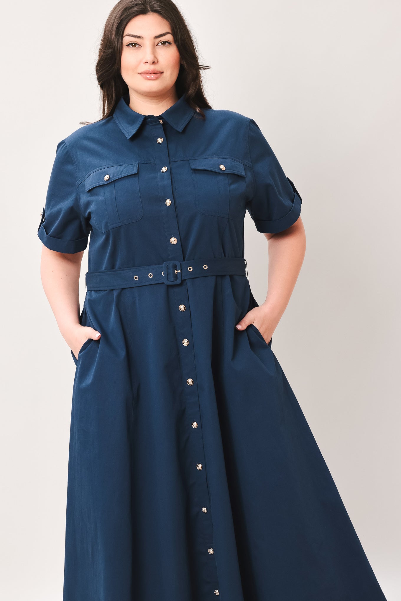 Classic Authority Woven Midi Dress in navy, view 11 — Soul Flow Apparel