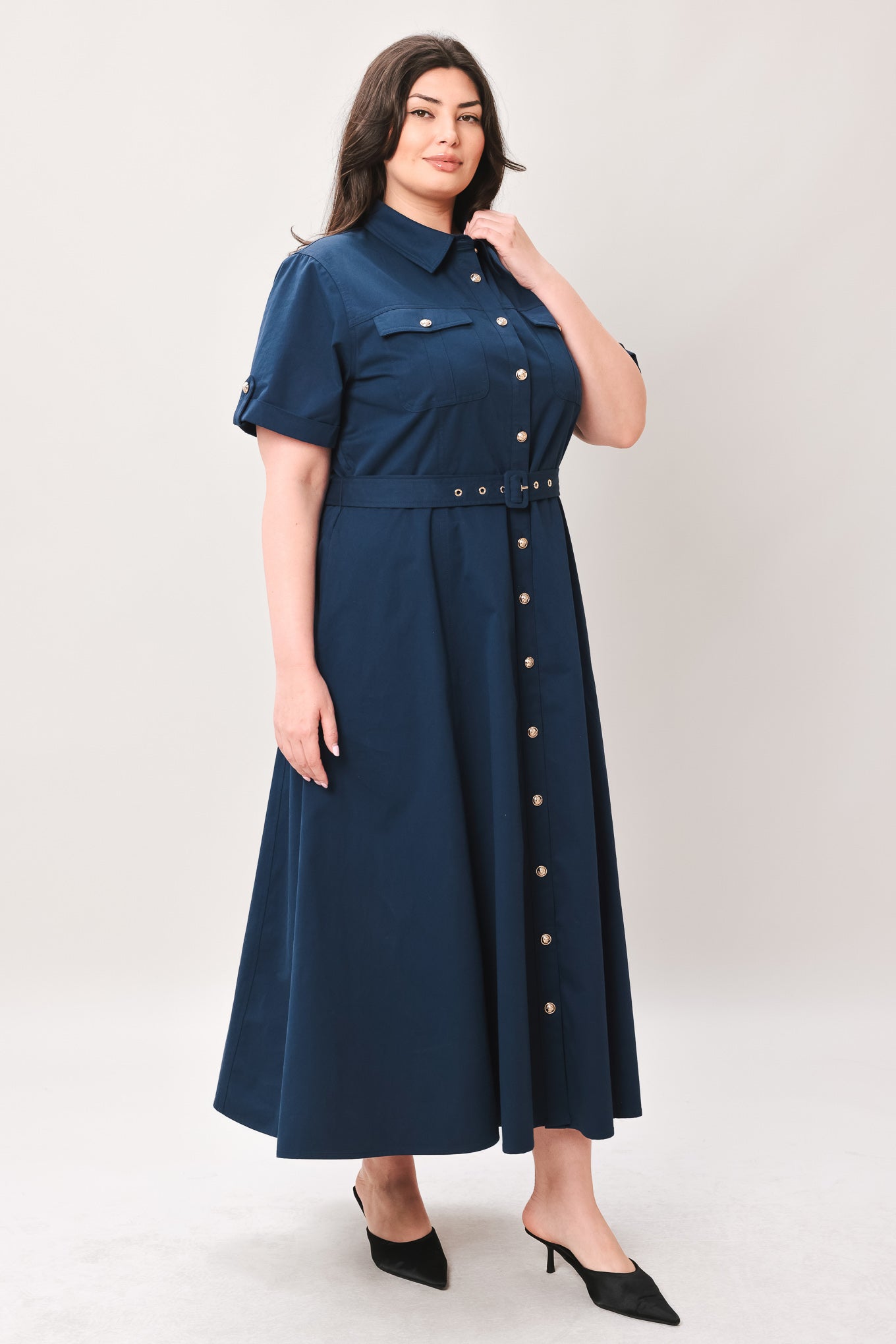 Classic Authority Woven Midi Dress in navy, view 10 — Soul Flow Apparel